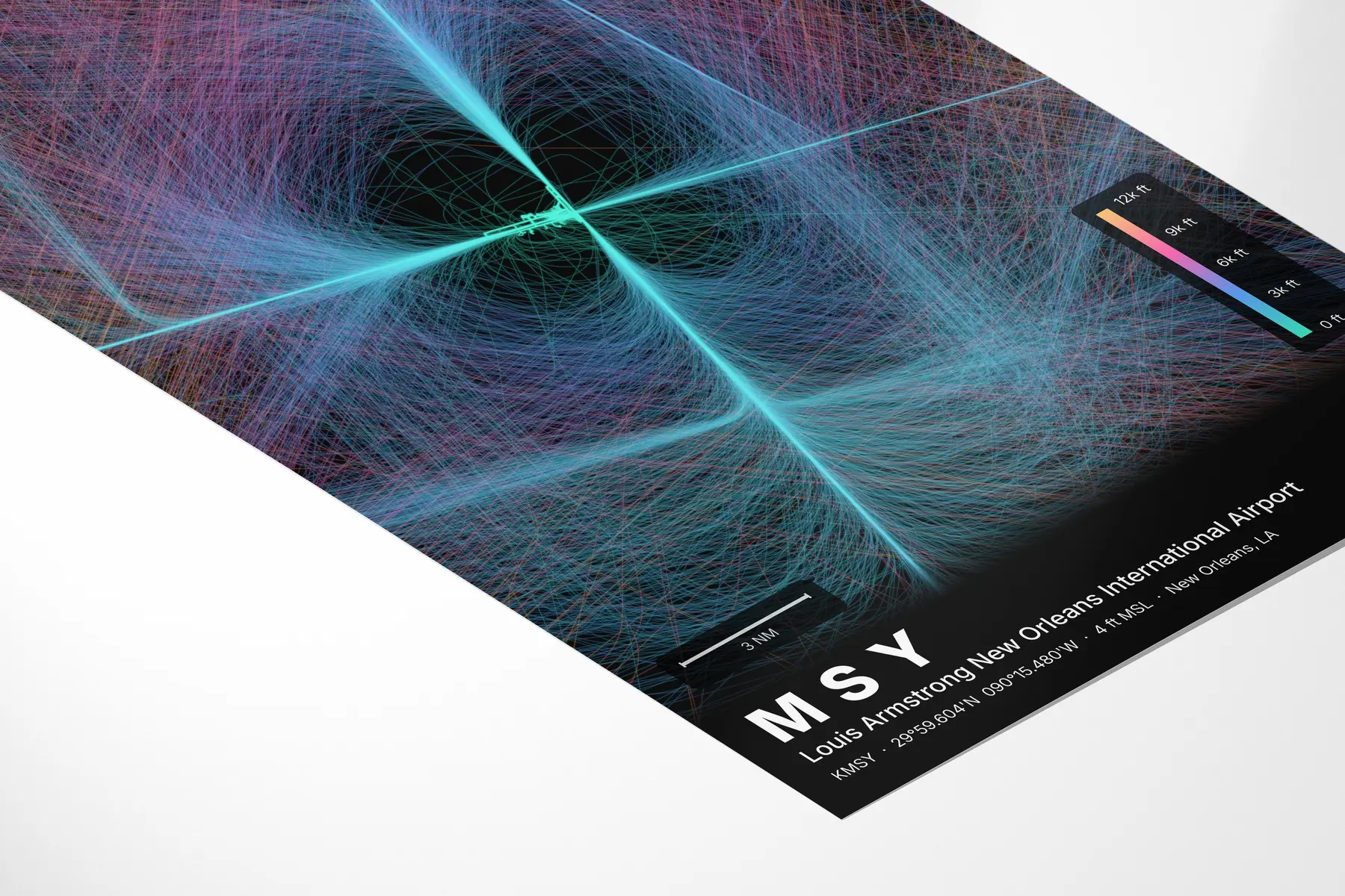MSY flight path print — Aurora theme · Dark in corner-detail setting