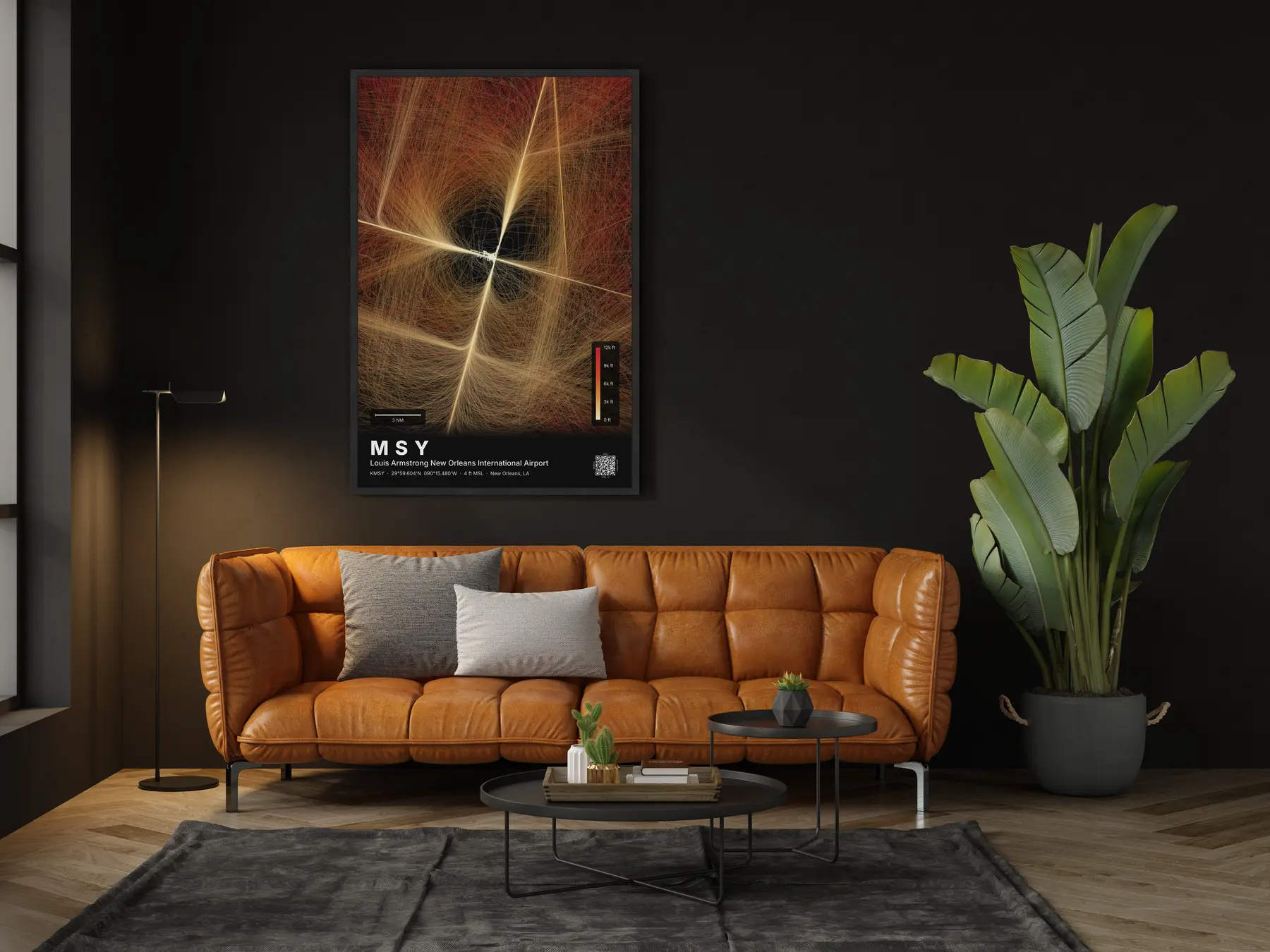 The MSY flight path map on a wall in a living room