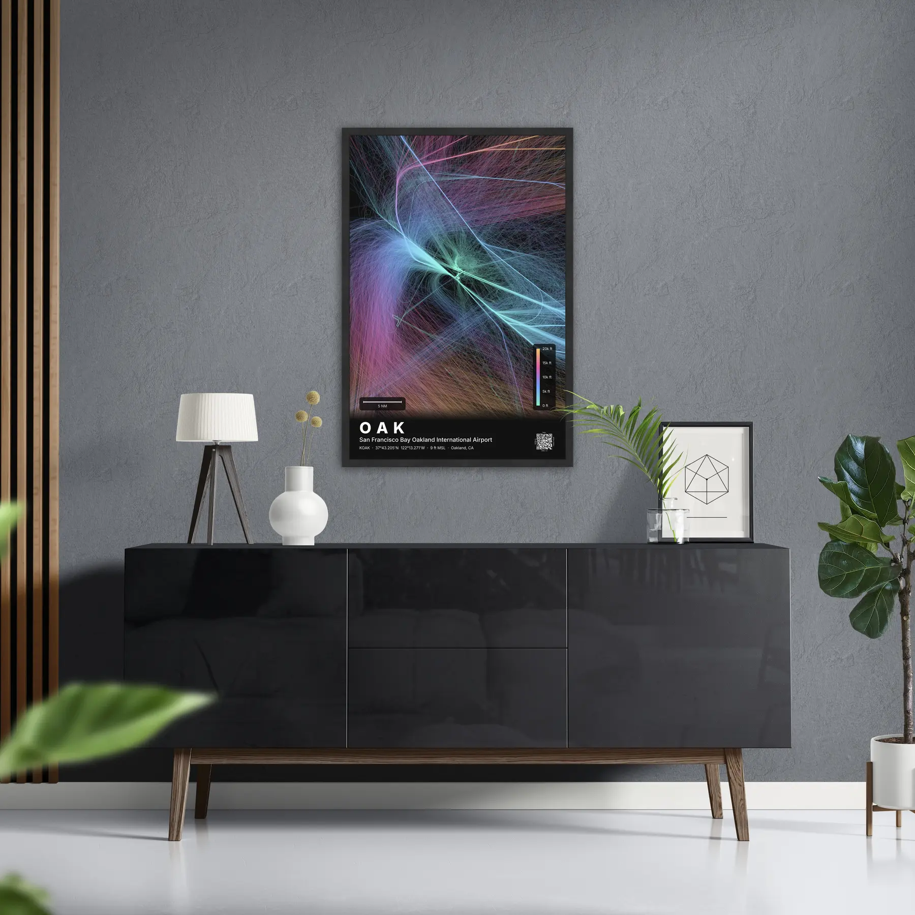 OAK flight path print — Aurora theme · Dark in foyer setting
