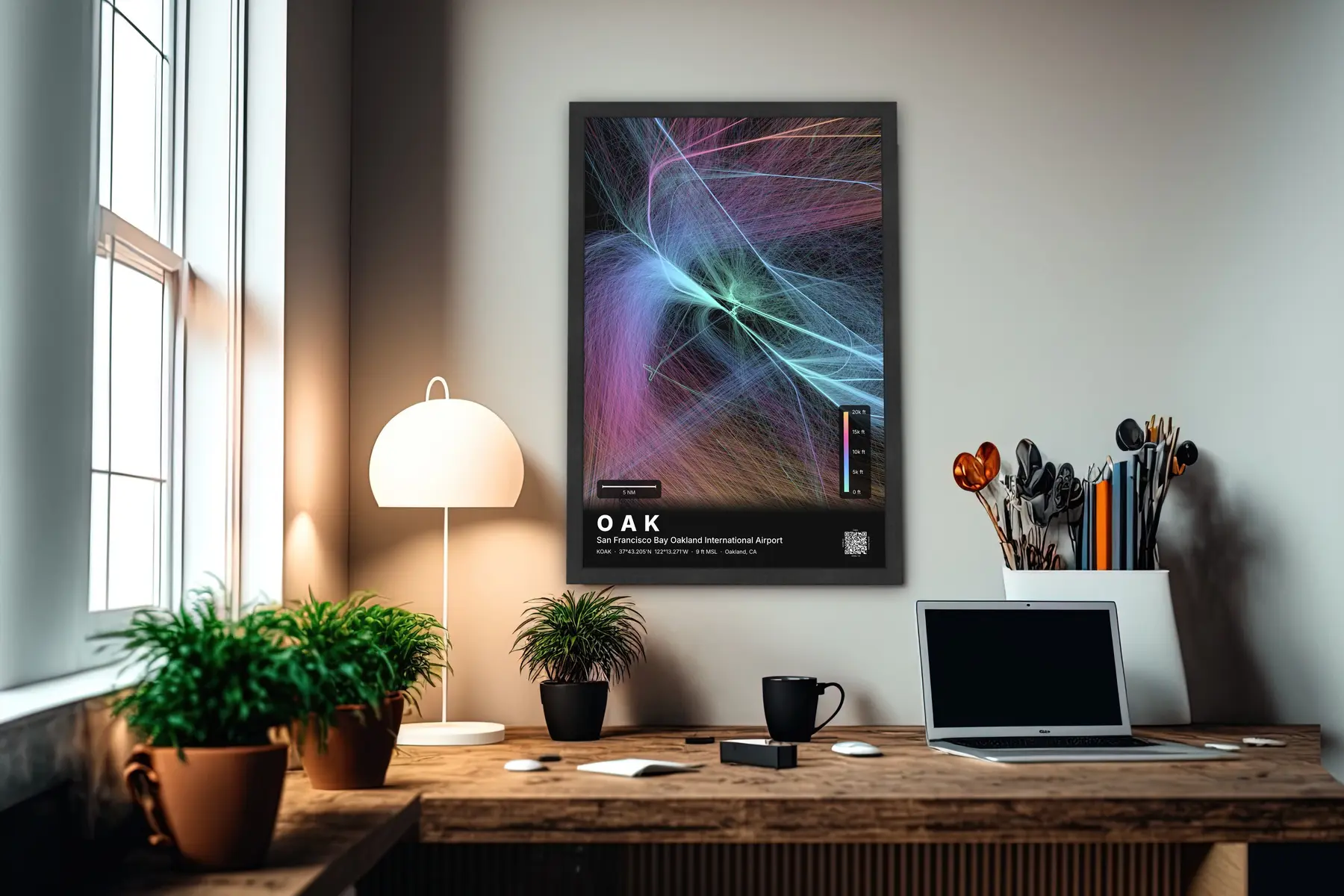 OAK flight path print — Aurora theme · Dark in office setting