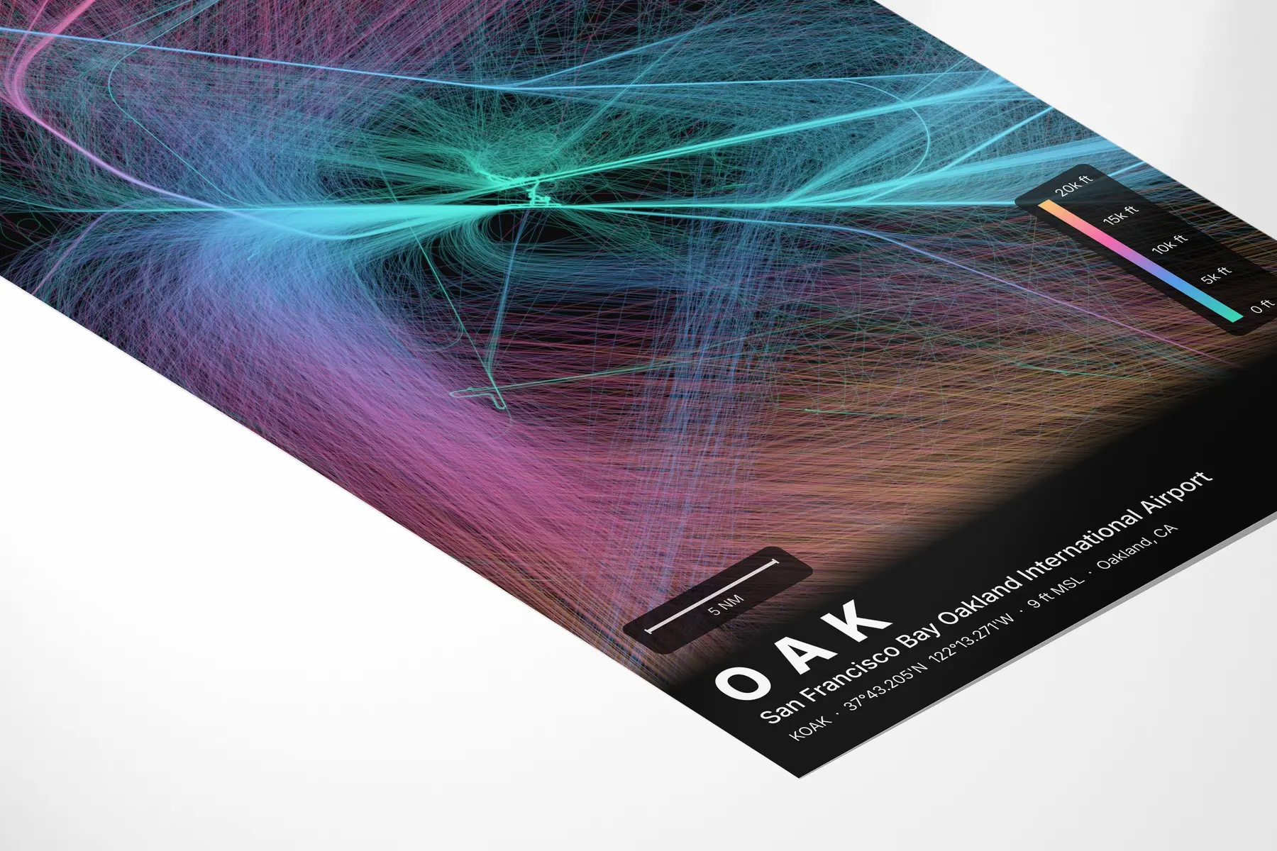 OAK flight path print — Aurora theme · Dark in corner-detail setting