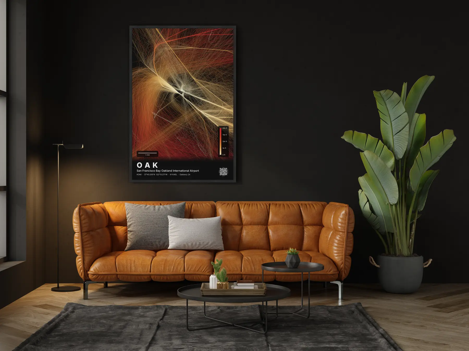 The OAK flight path map on a wall in a living room
