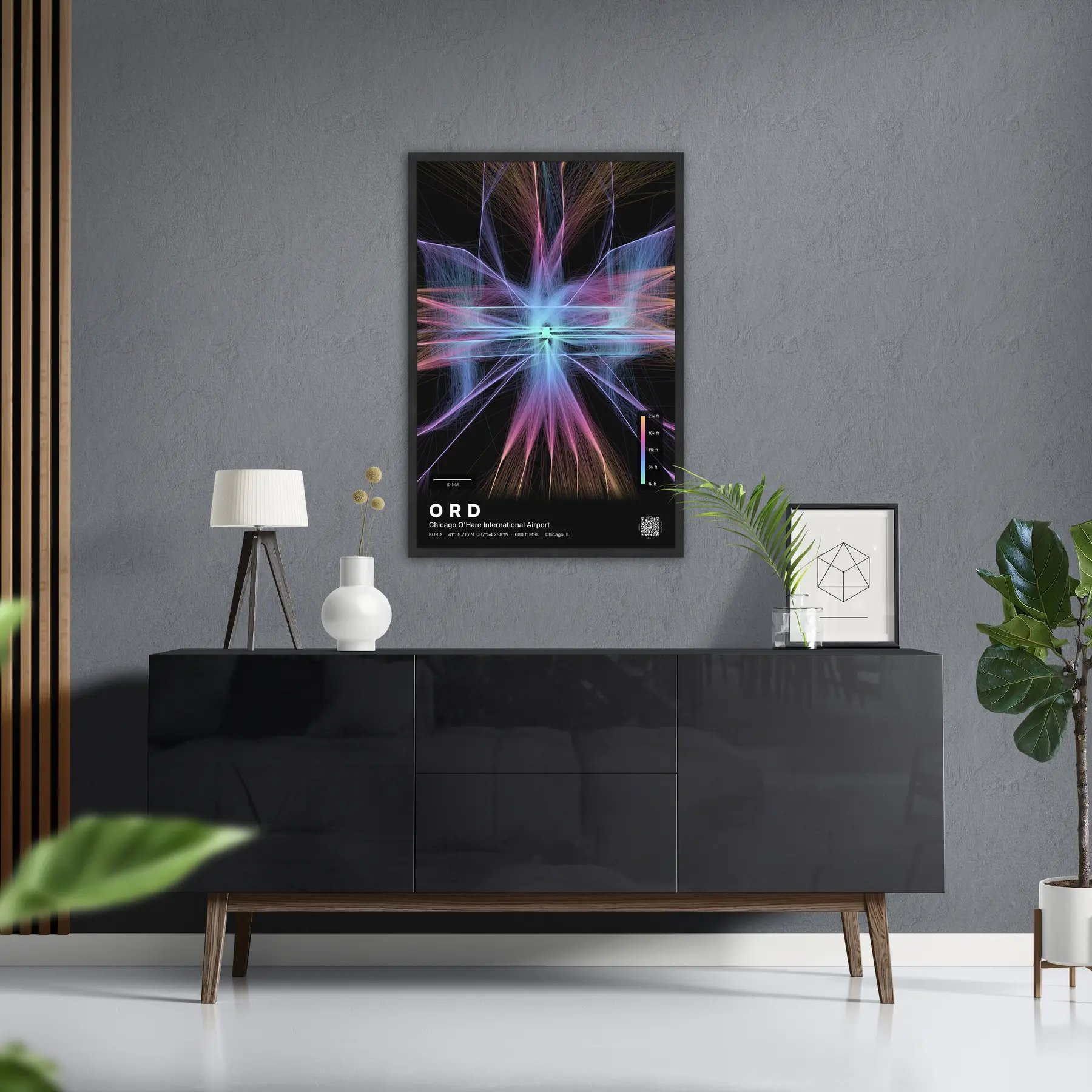 ORD flight path map — Aurora theme · Dark in foyer setting