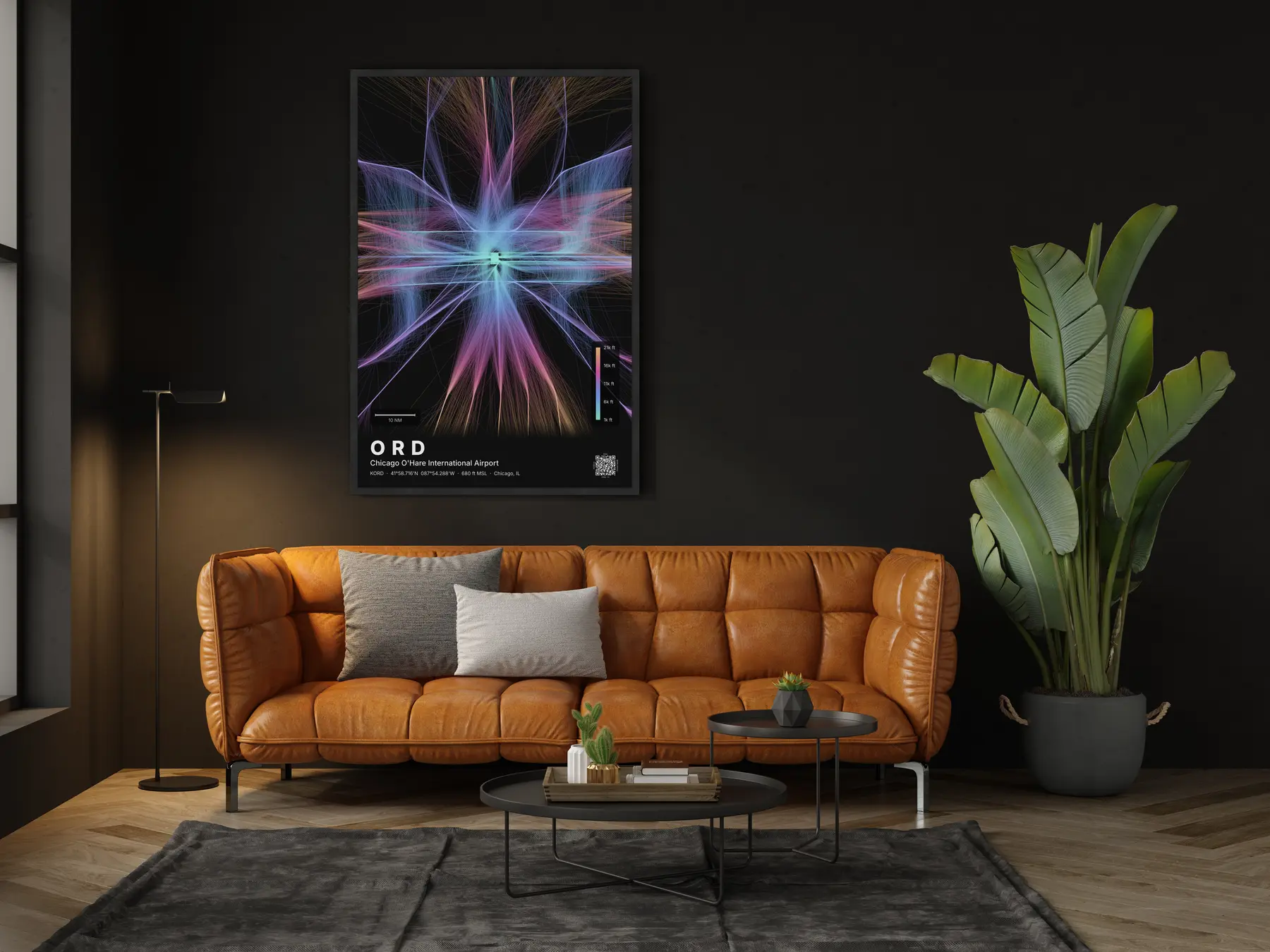 ORD flight path map — Aurora theme · Dark in living-room setting
