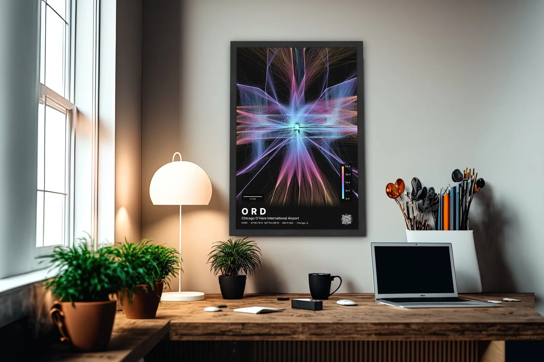 ORD flight path map — Aurora theme · Dark in office setting