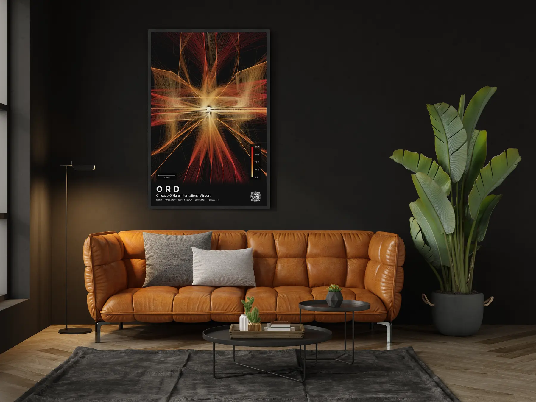 The ORD flight path map on a wall in a living room
