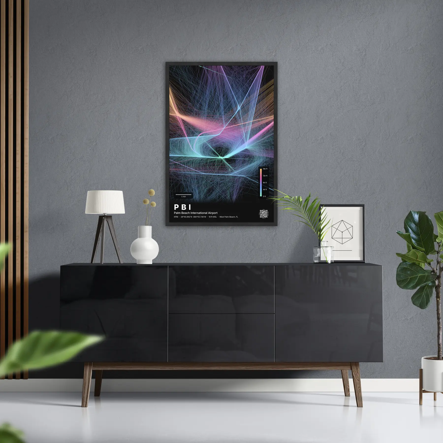 PBI flight path print — Aurora theme · Dark in foyer setting