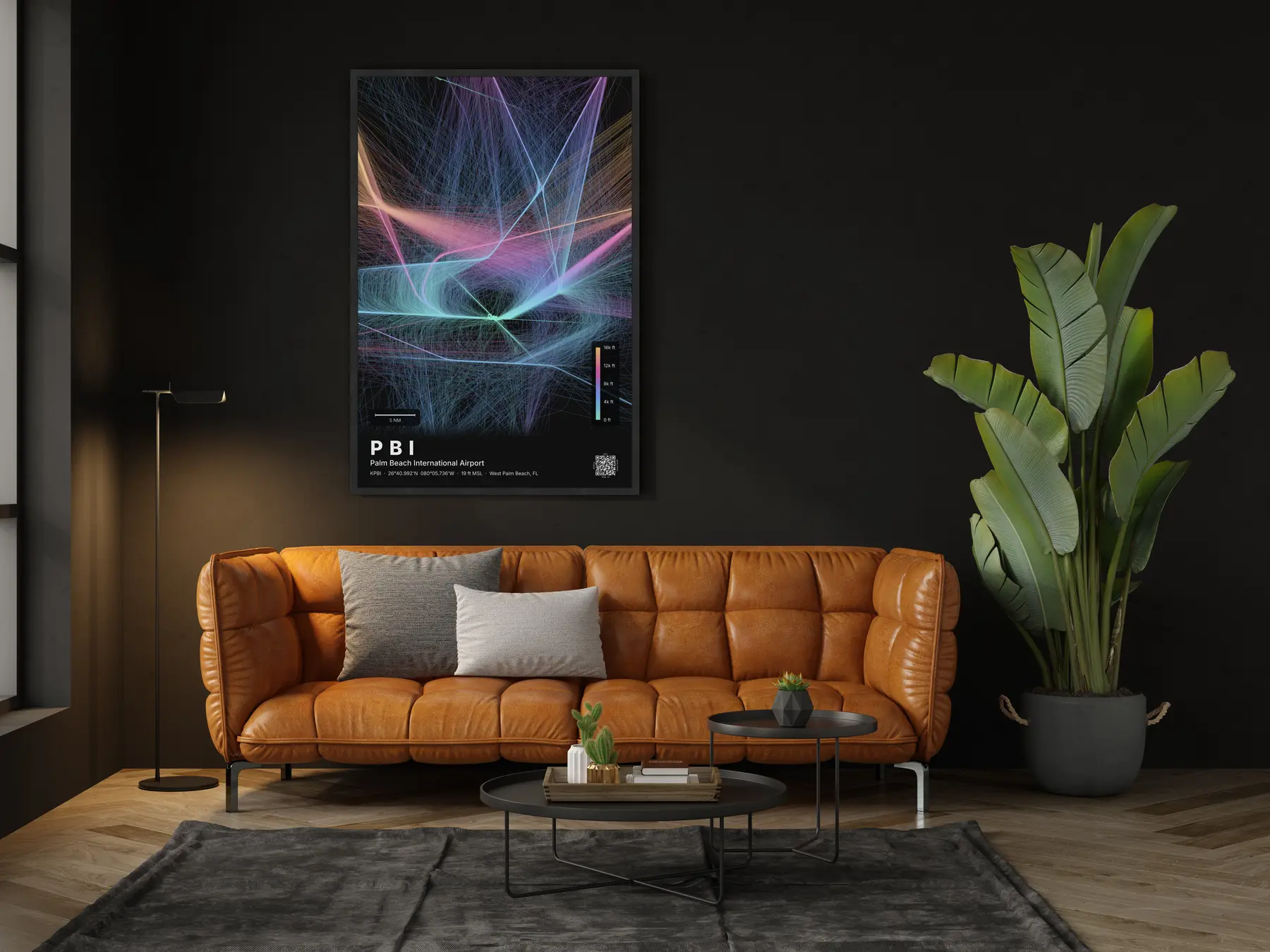 PBI flight path print — Aurora theme · Dark in living-room setting