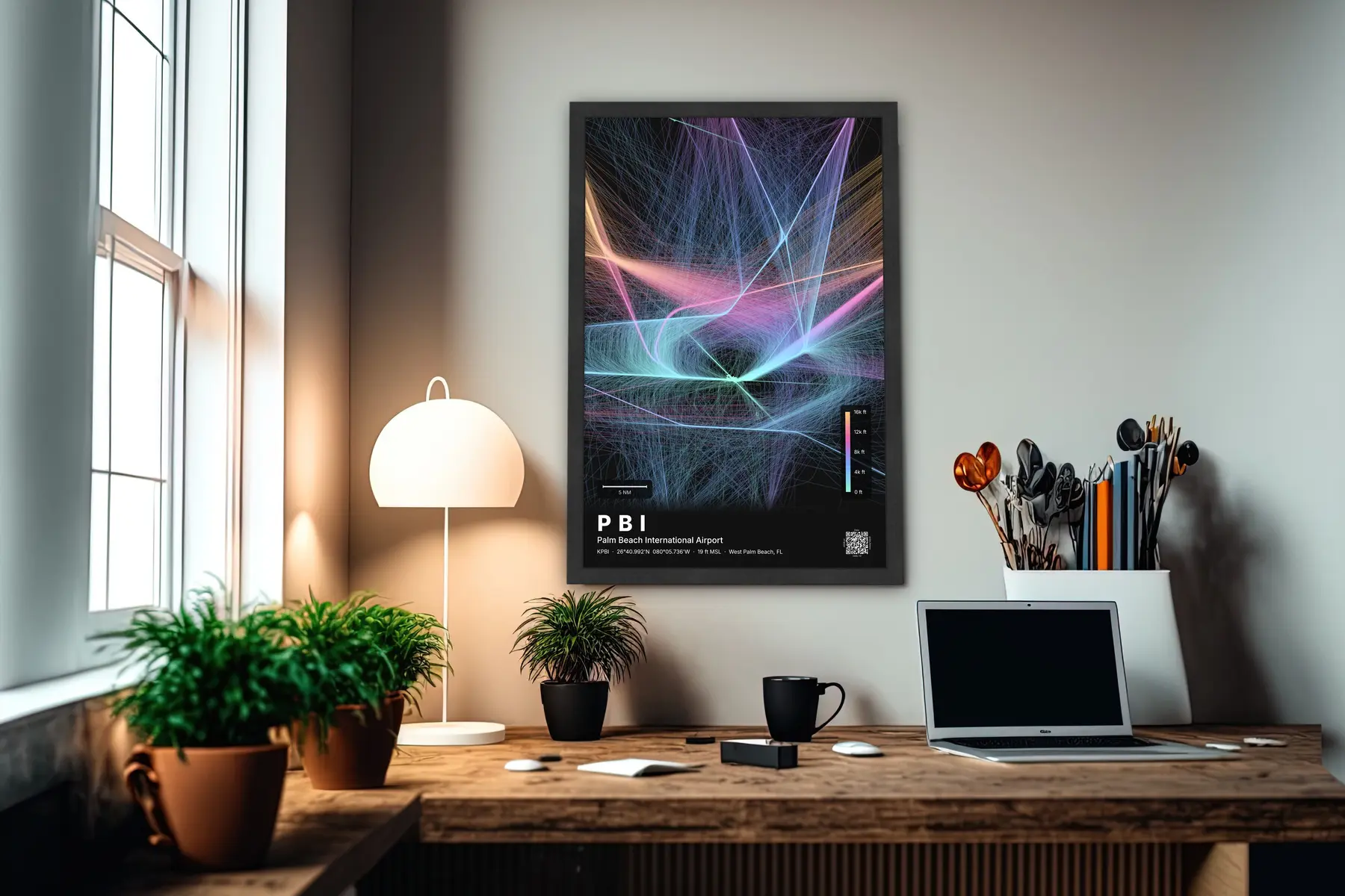 PBI flight path print — Aurora theme · Dark in office setting