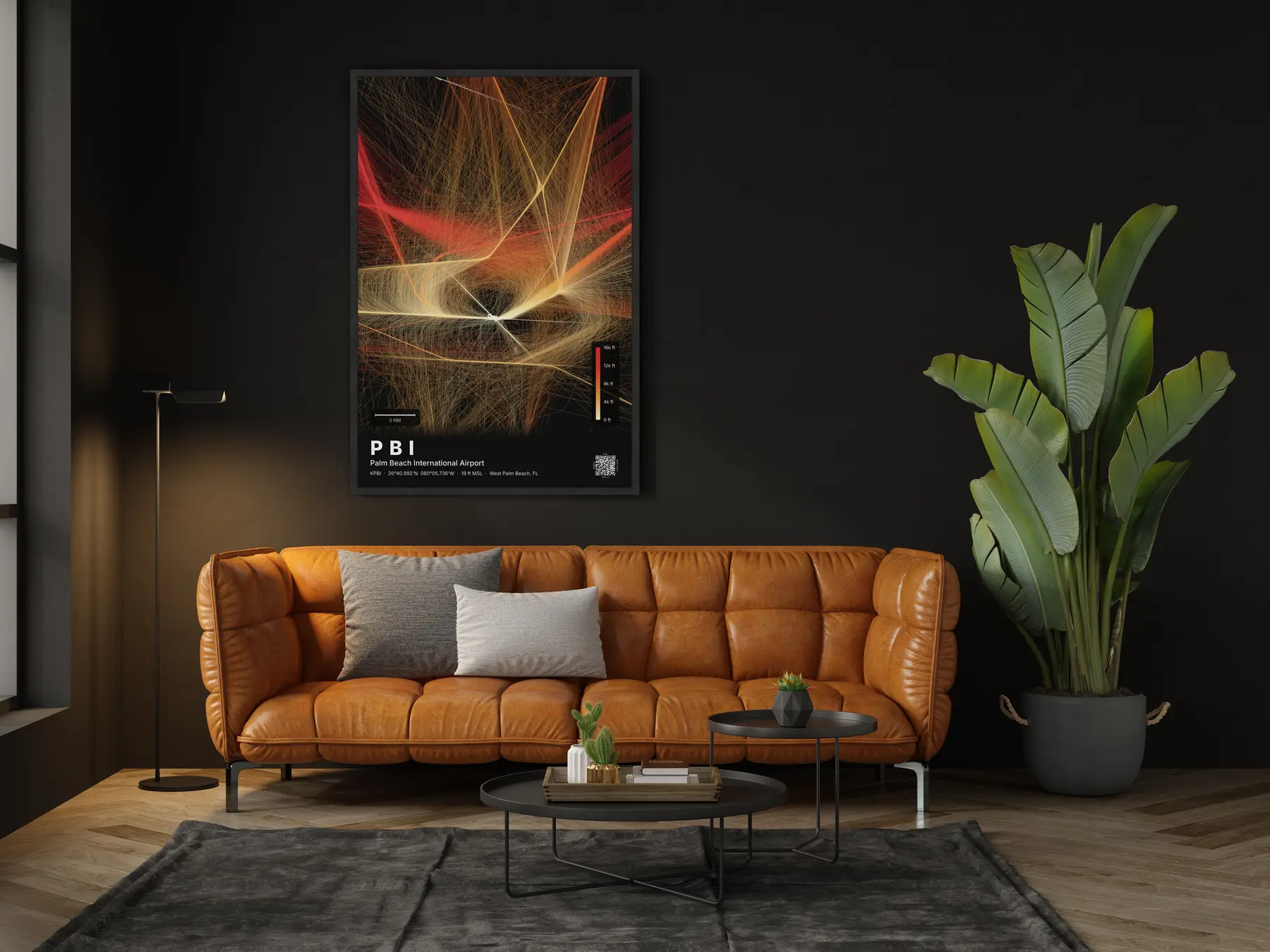 The PBI flight path map on a wall in a living room