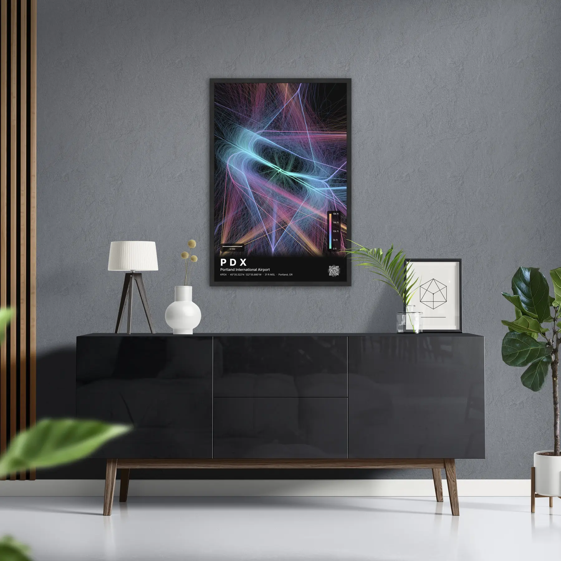 PDX flight path print — Aurora theme · Dark in foyer setting