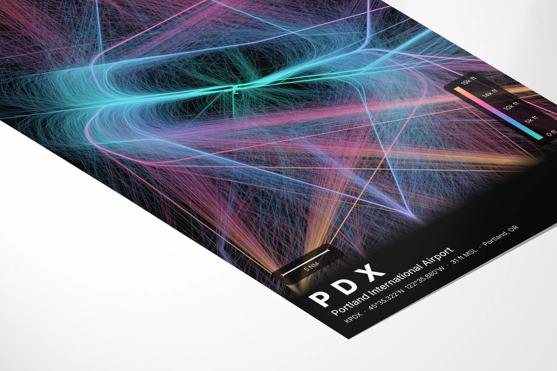 PDX flight path print — Aurora theme · Dark in corner-detail setting