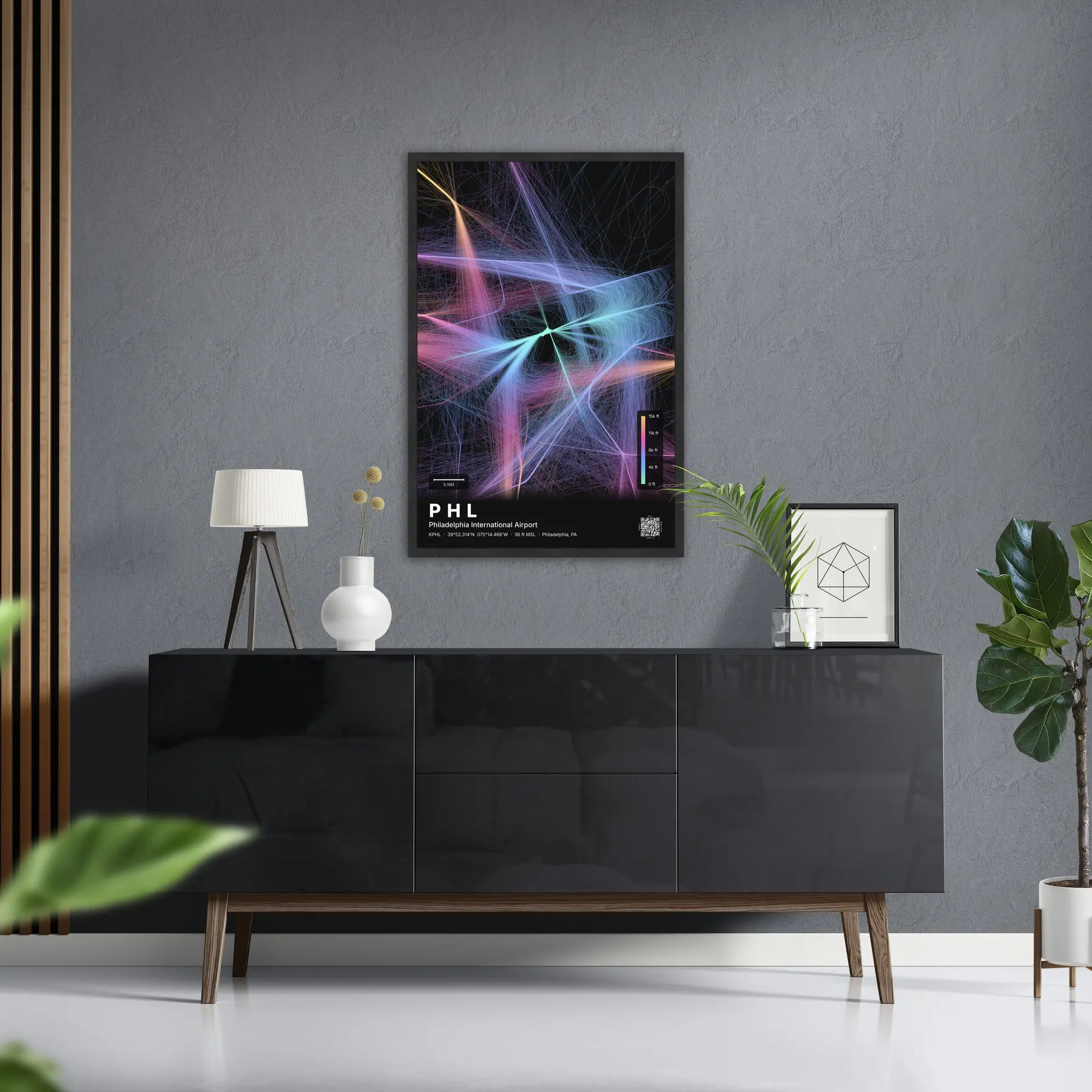 PHL flight path print — Aurora theme · Dark in foyer setting