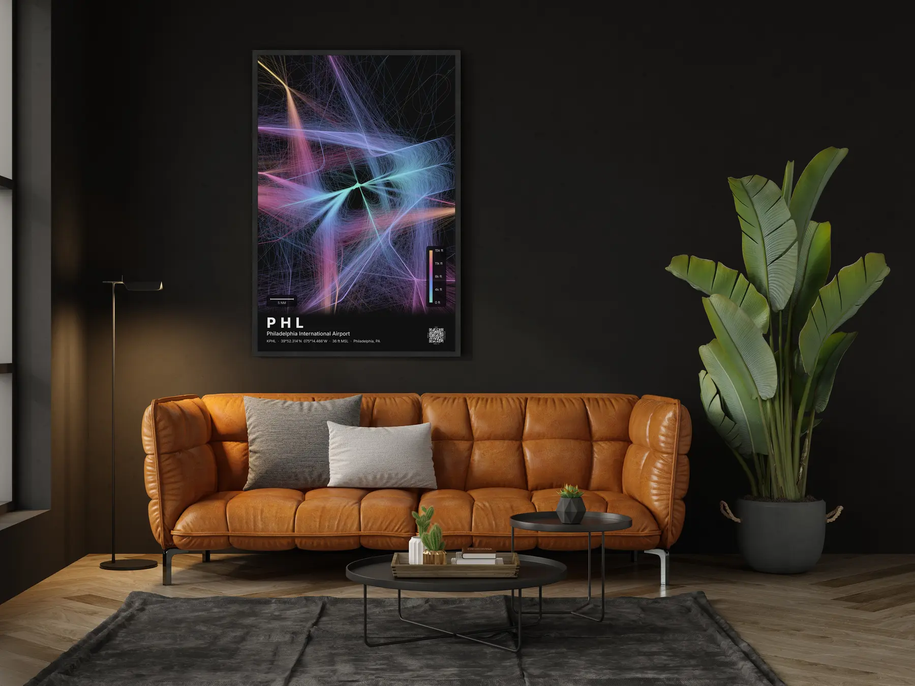 PHL flight path print — Aurora theme · Dark in living-room setting
