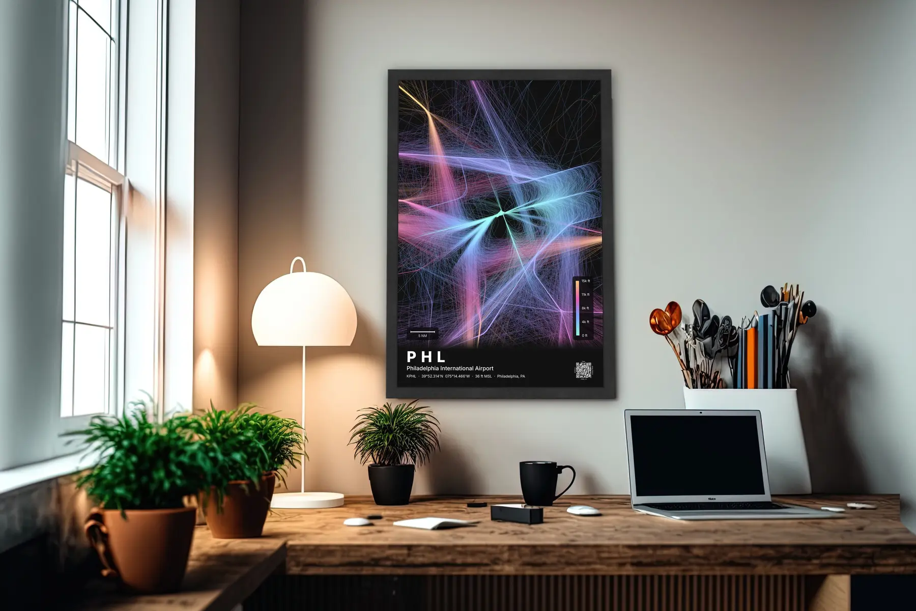 PHL flight path print — Aurora theme · Dark in office setting