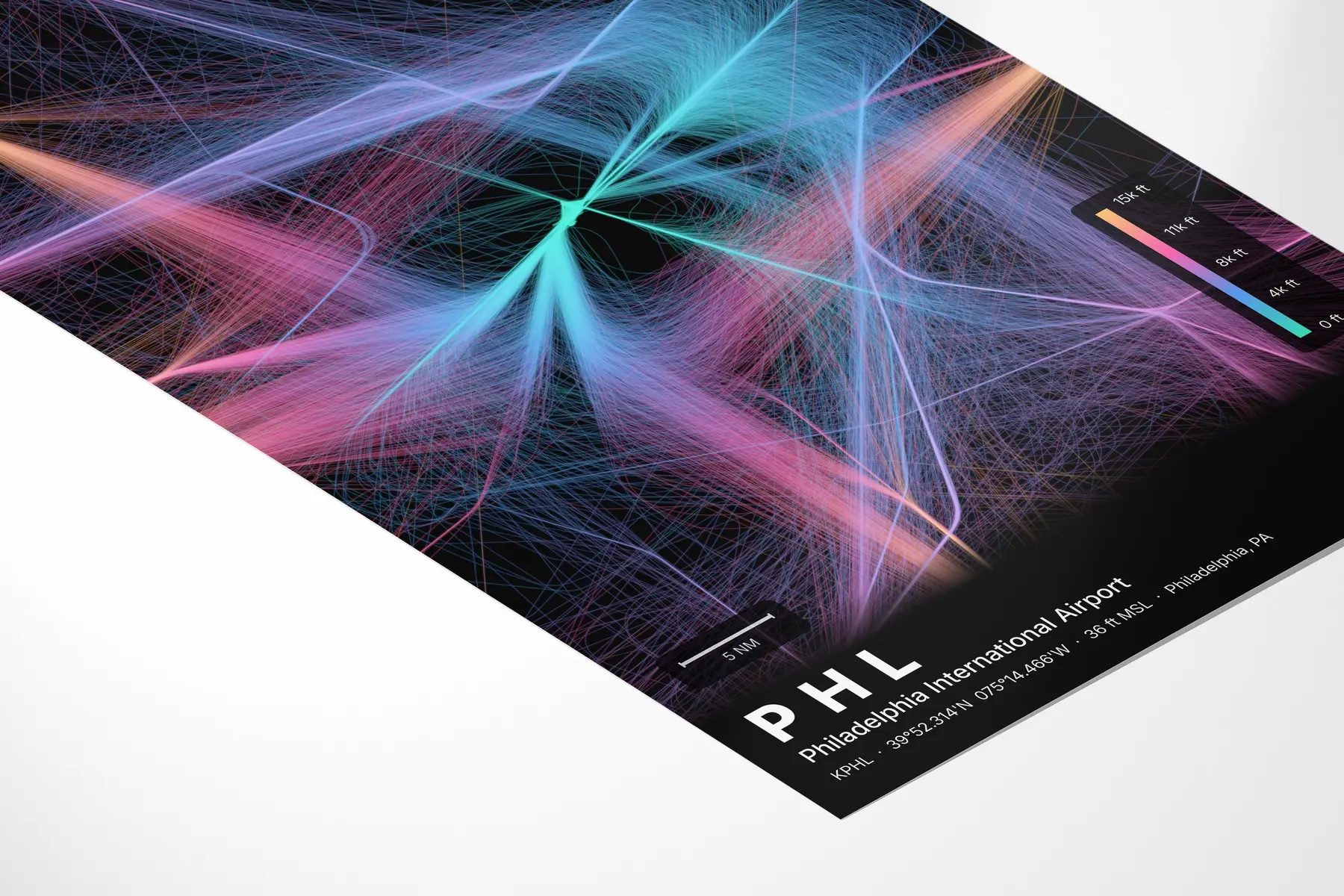 PHL flight path print — Aurora theme · Dark in corner-detail setting