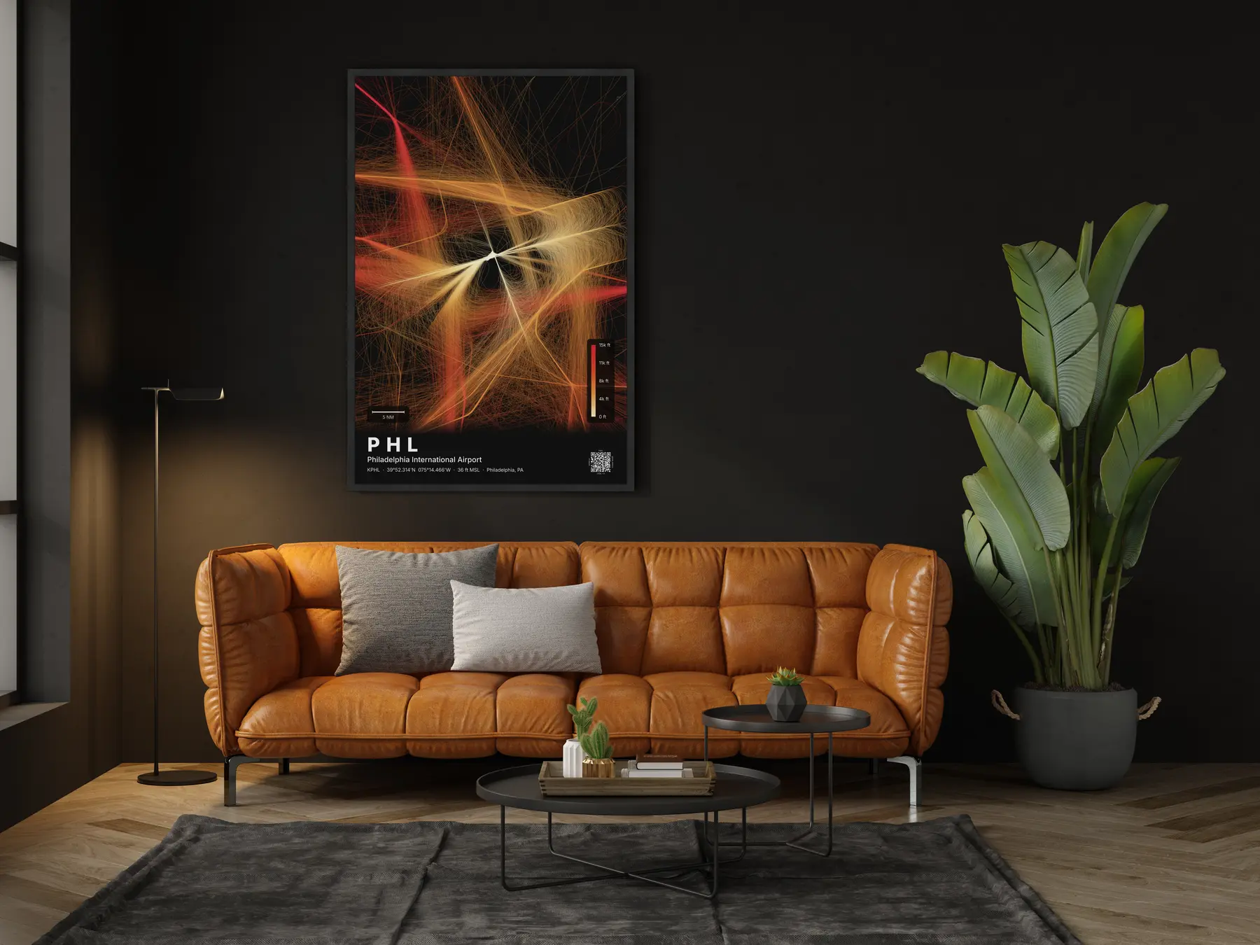 The PHL flight path map on a wall in a living room