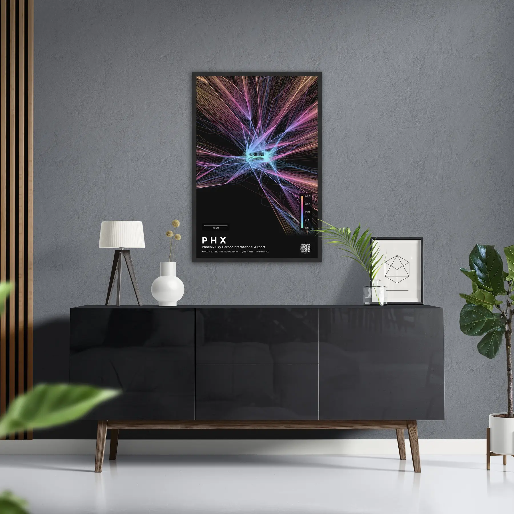 PHX flight path print — Aurora theme · Dark in foyer setting