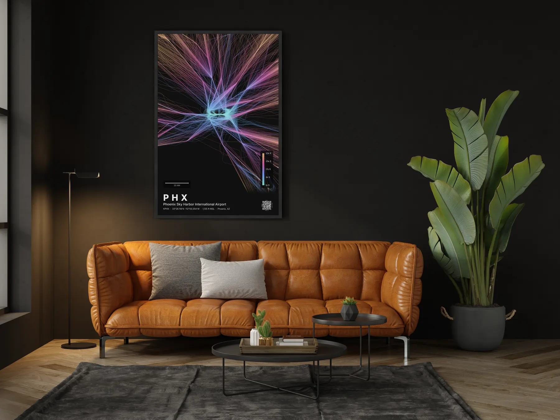 PHX flight path print — Aurora theme · Dark in living-room setting