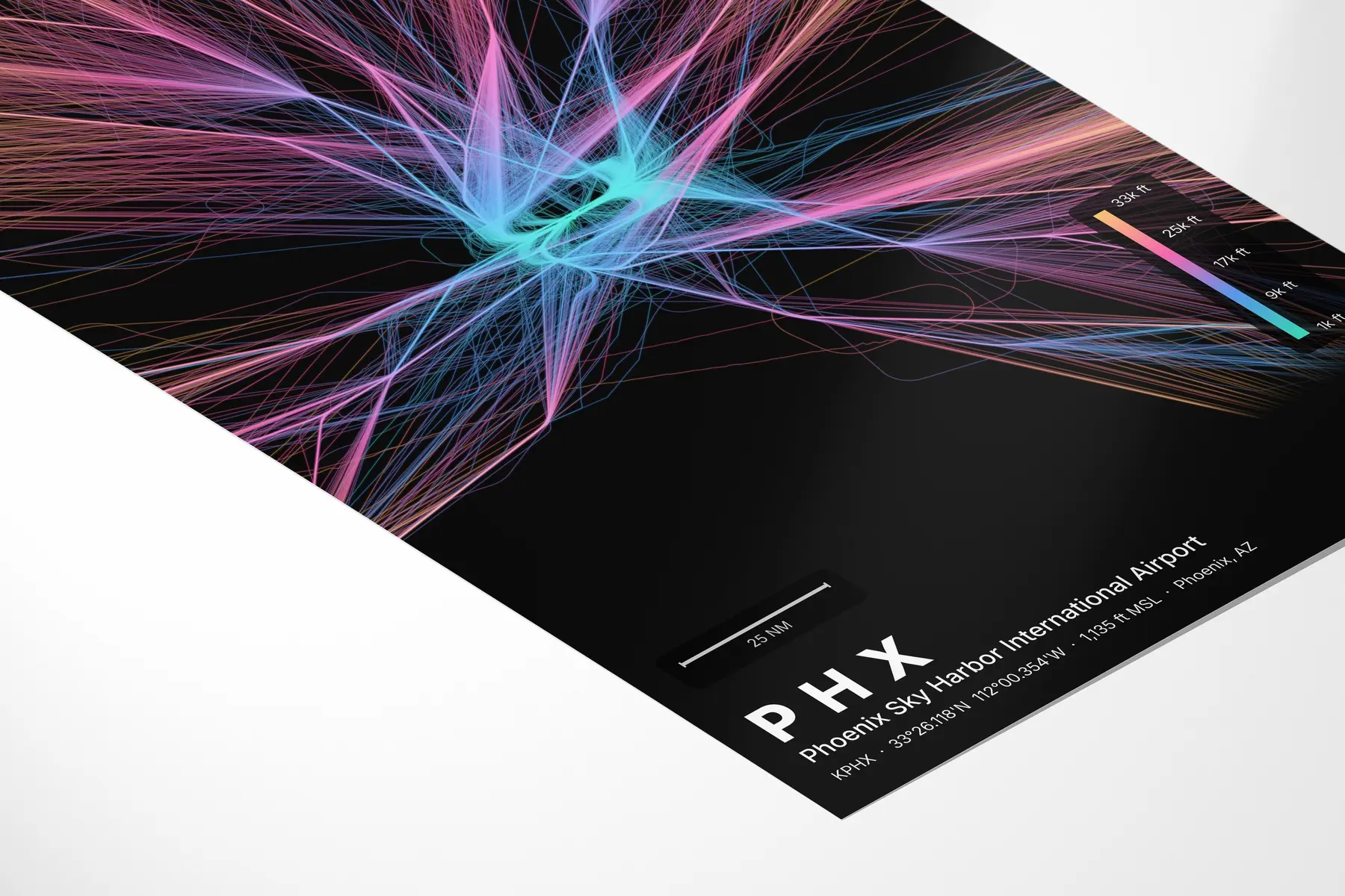 PHX flight path print — Aurora theme · Dark in corner-detail setting