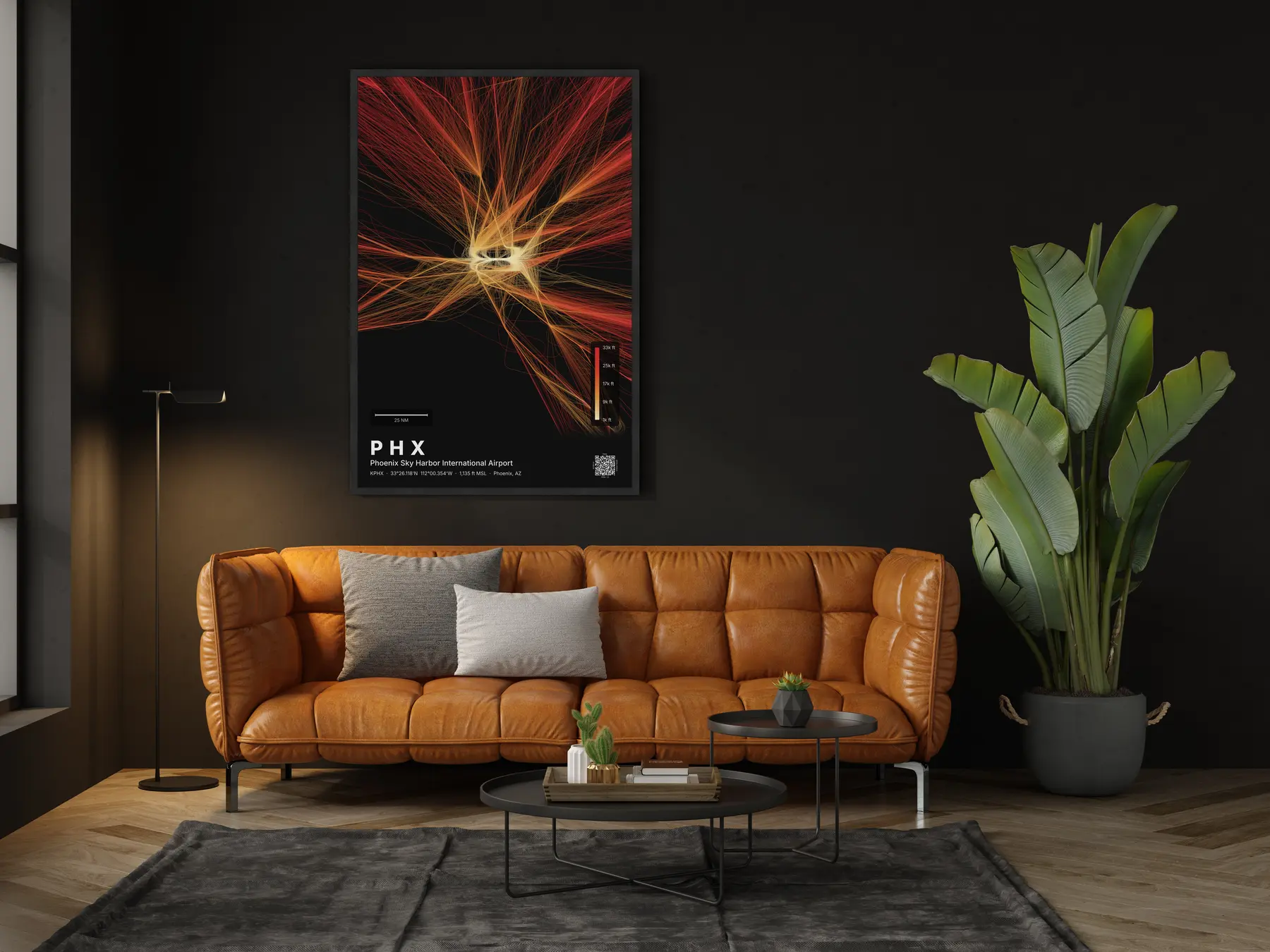 The PHX flight path map on a wall in a living room