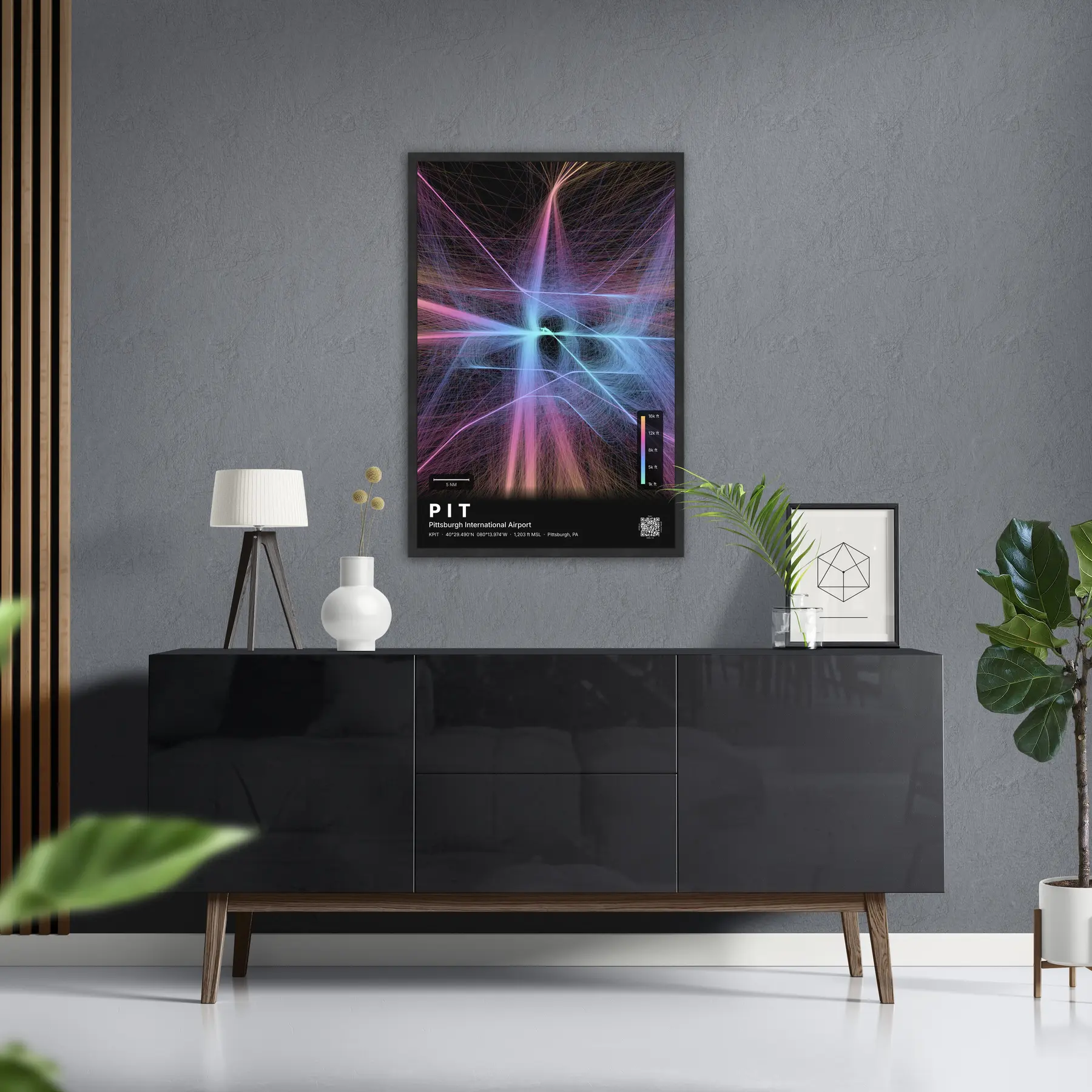 PIT flight path print — Aurora theme · Dark in foyer setting