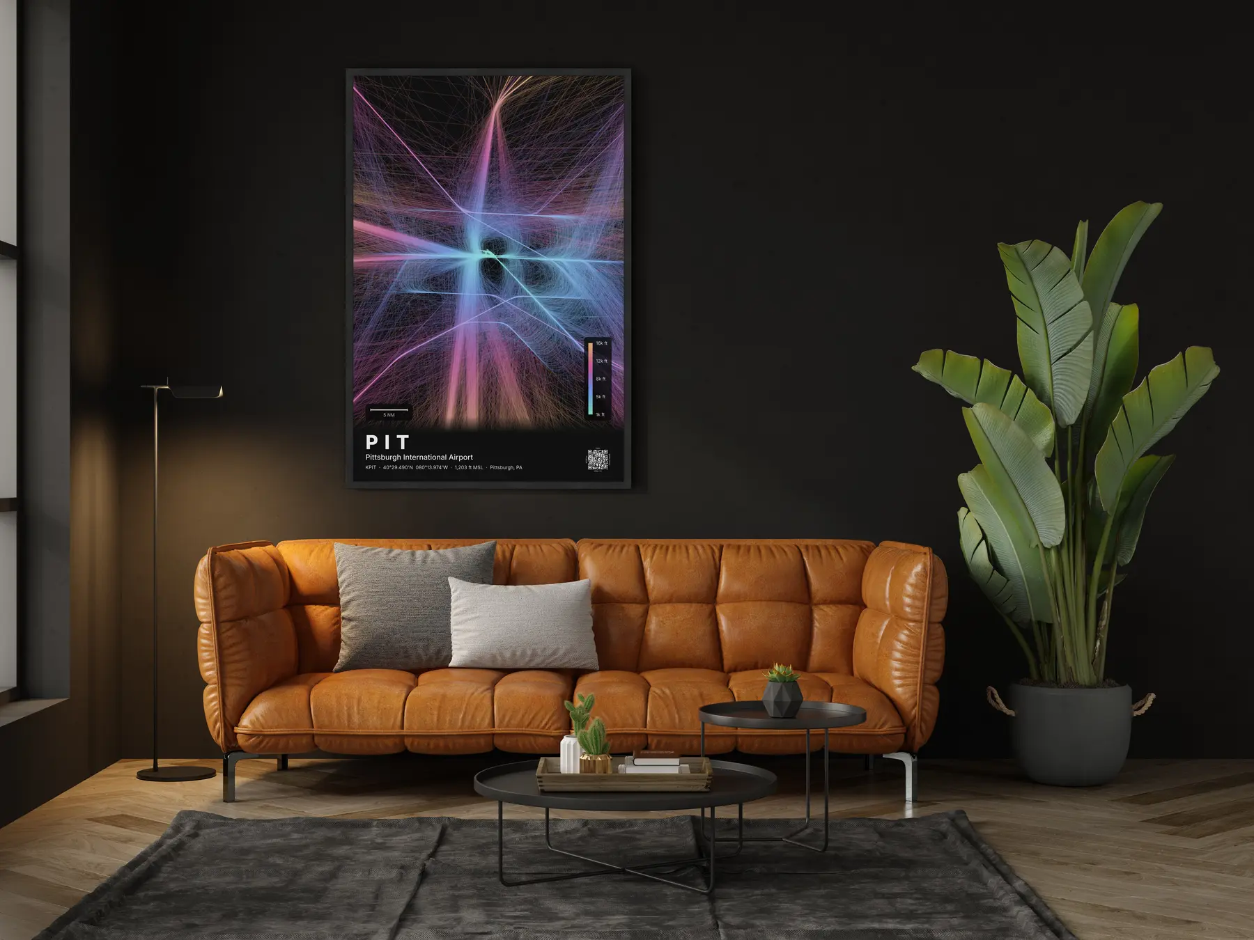 PIT flight path print — Aurora theme · Dark in living-room setting