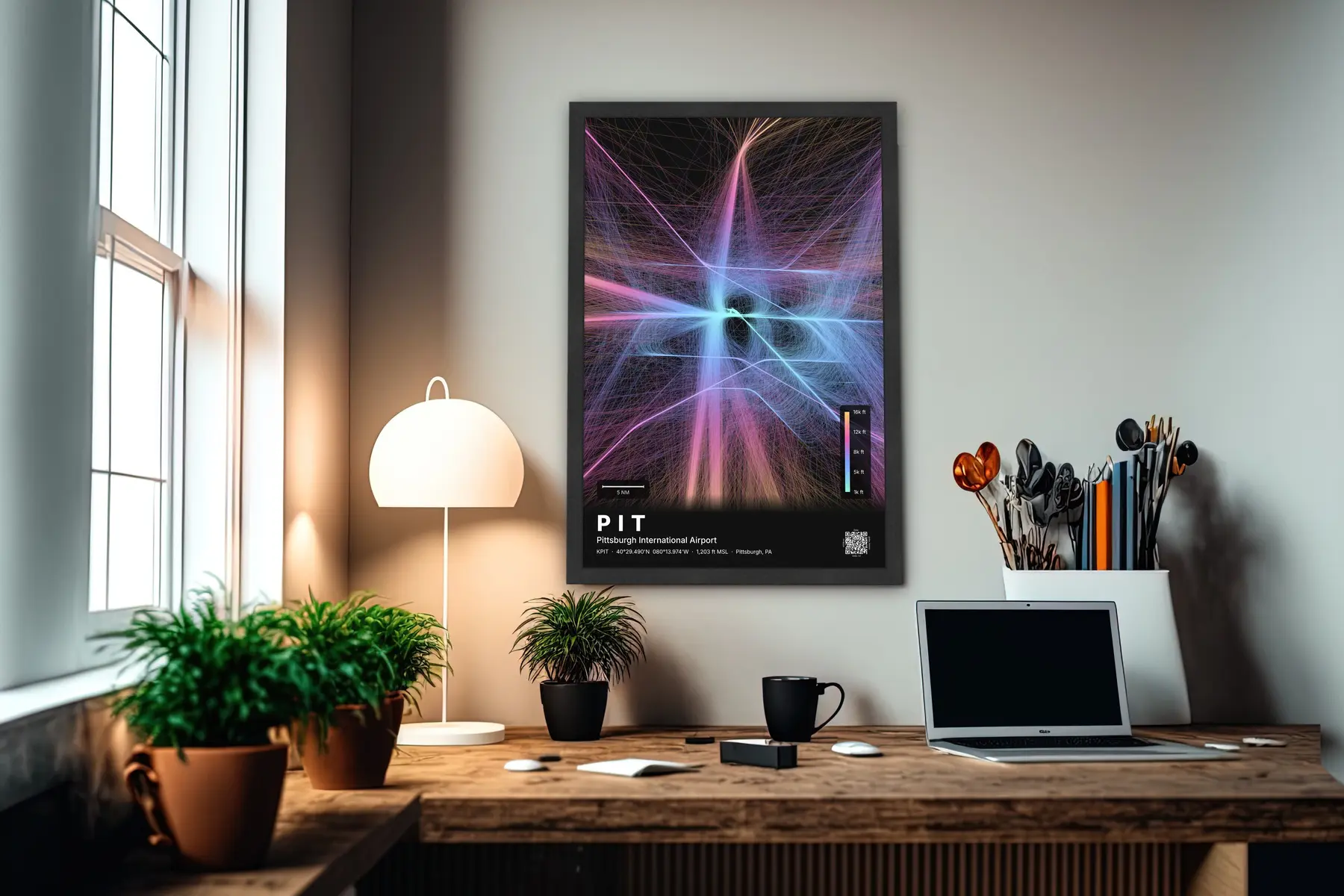 PIT flight path print — Aurora theme · Dark in office setting