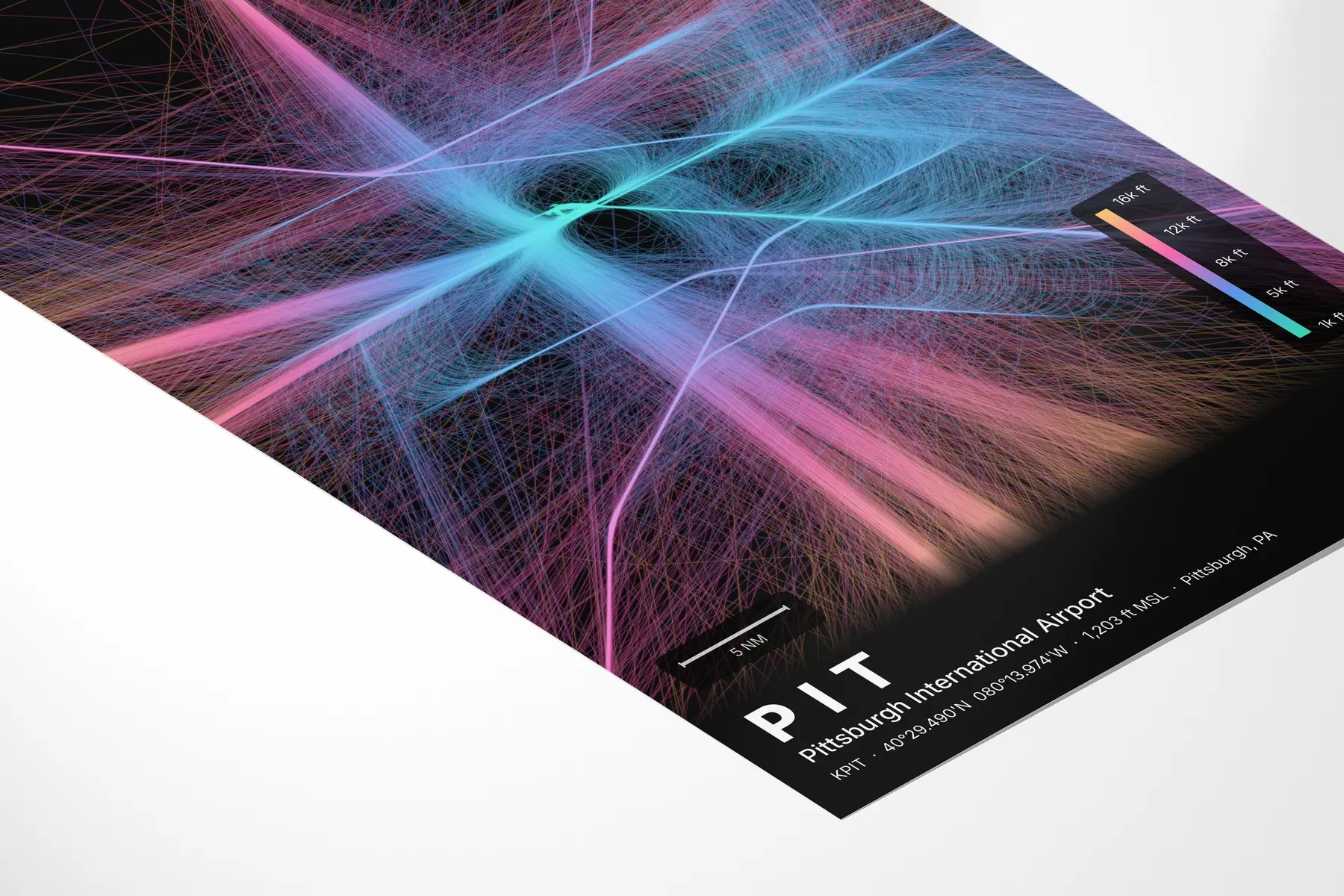 PIT flight path print — Aurora theme · Dark in corner-detail setting