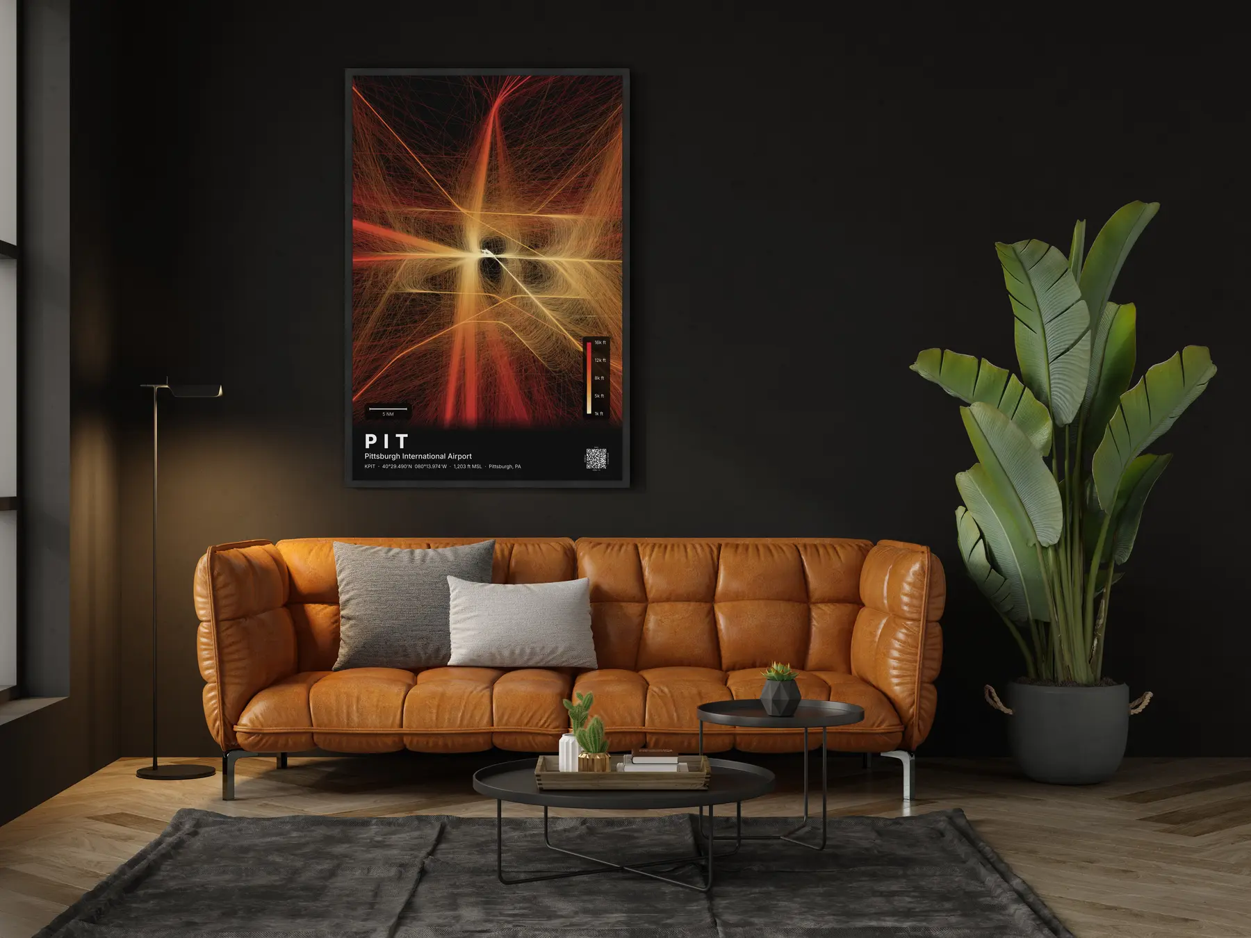 The PIT flight path map on a wall in a living room