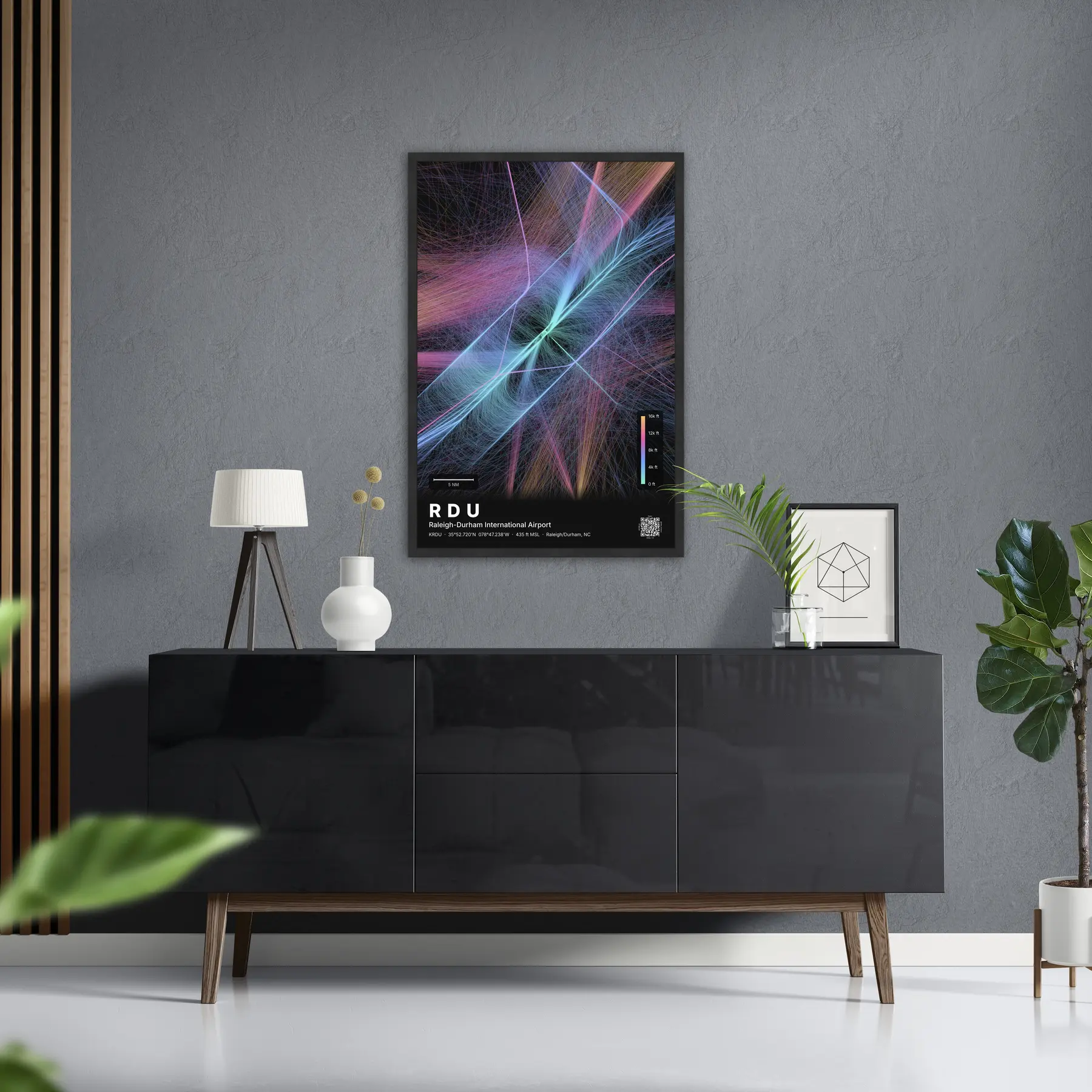 RDU flight path print — Aurora theme · Dark in foyer setting