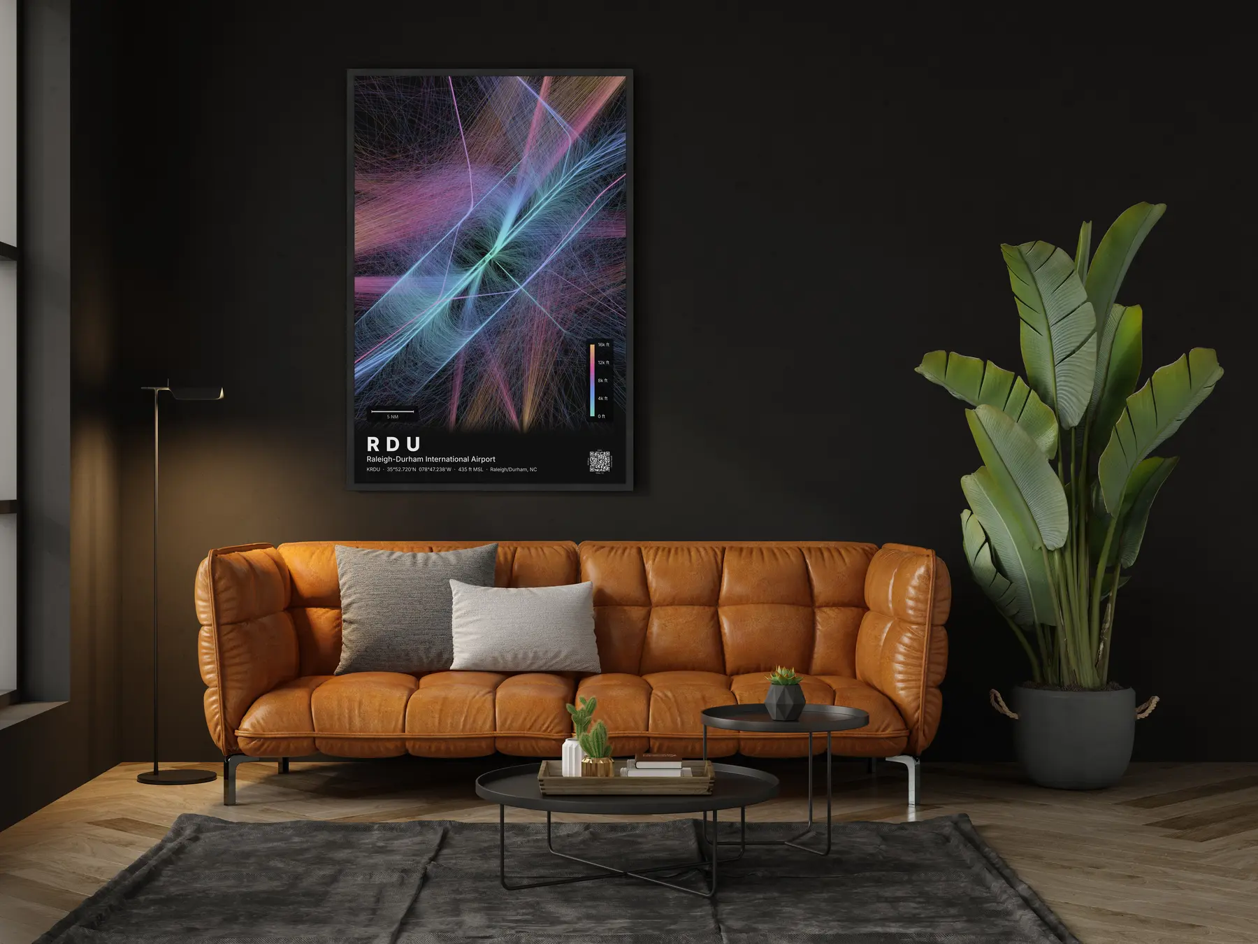 RDU flight path print — Aurora theme · Dark in living-room setting