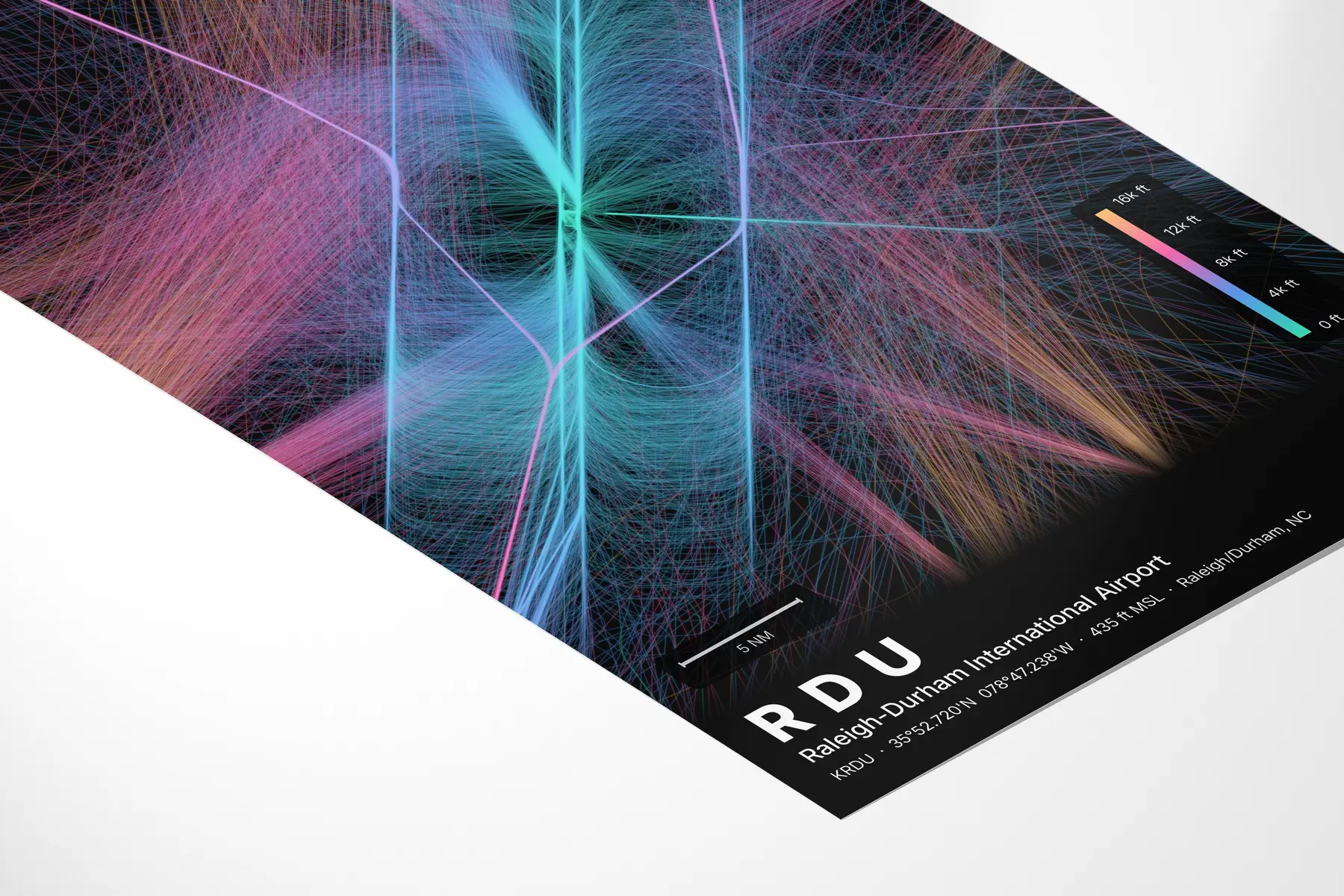 RDU flight path print — Aurora theme · Dark in corner-detail setting
