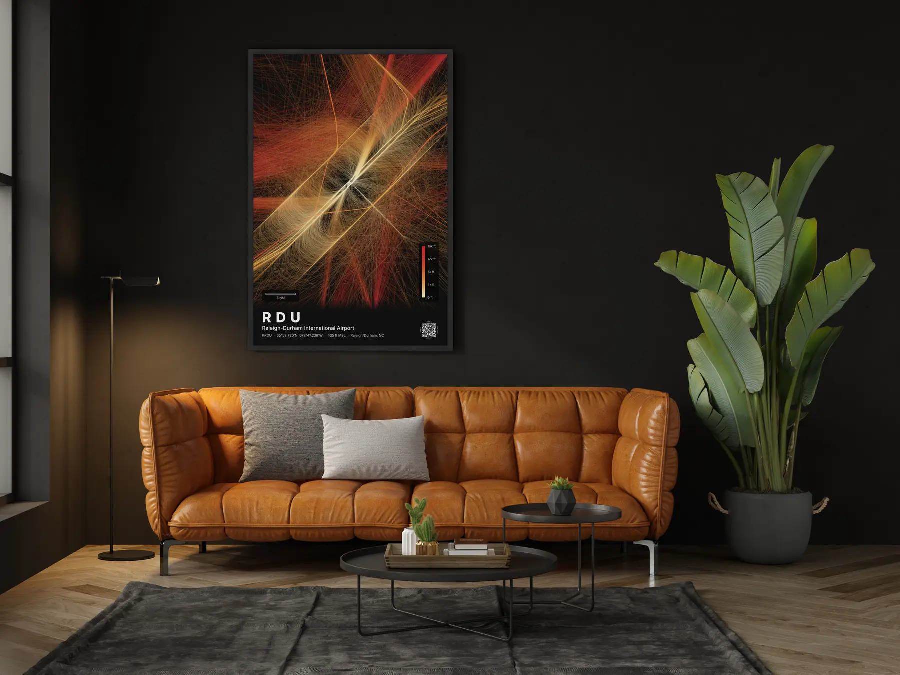 The RDU flight path map on a wall in a living room