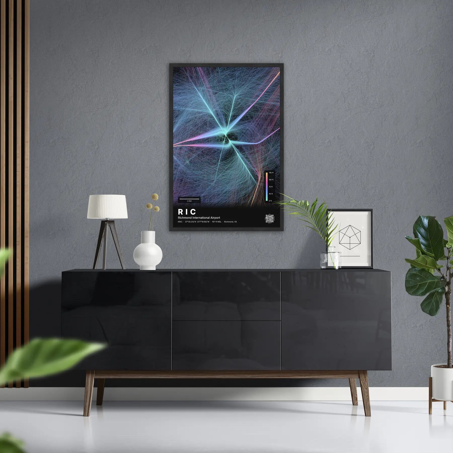 RIC flight path print — Aurora theme · Dark in foyer setting