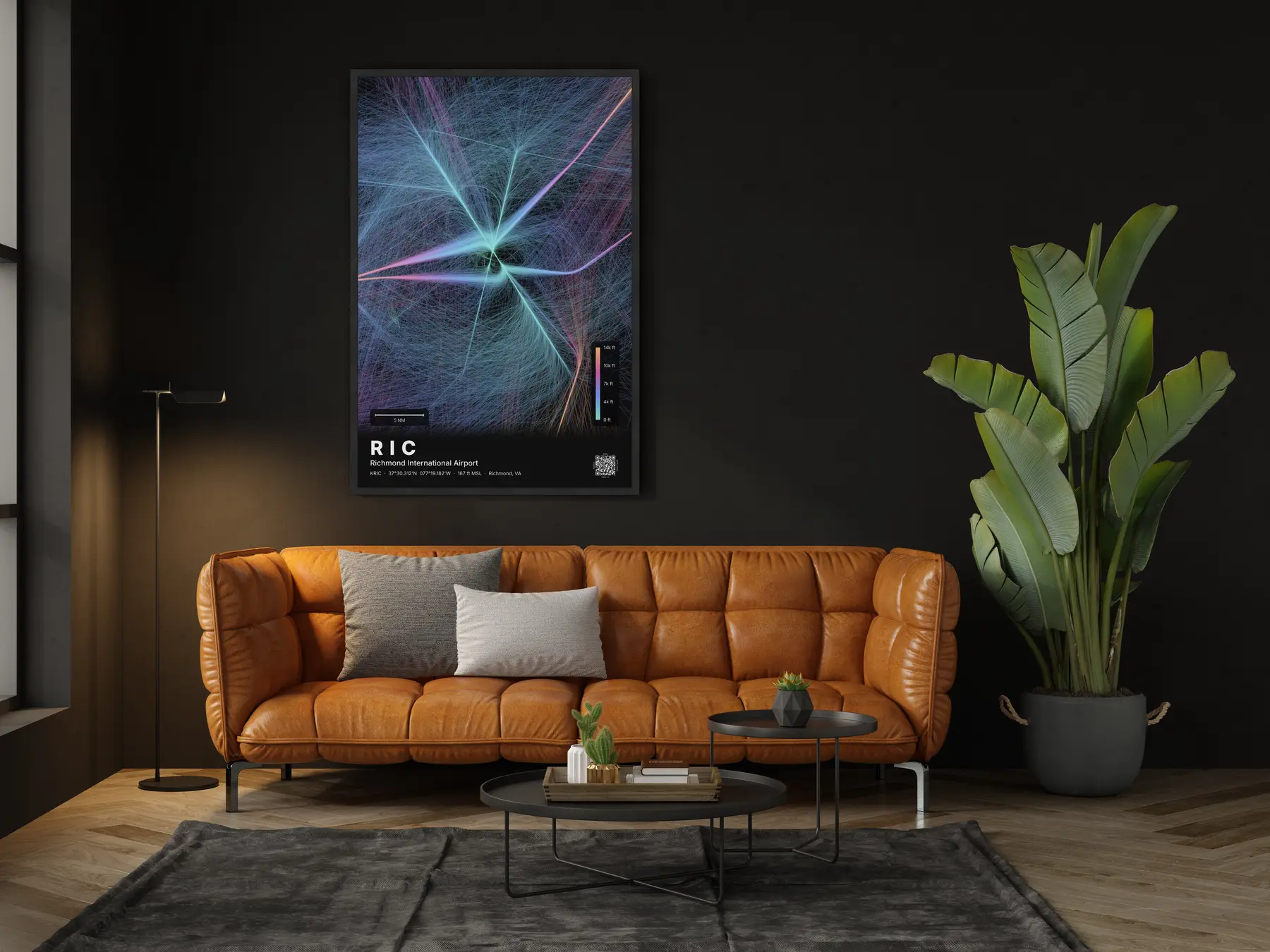 RIC flight path print — Aurora theme · Dark in living-room setting