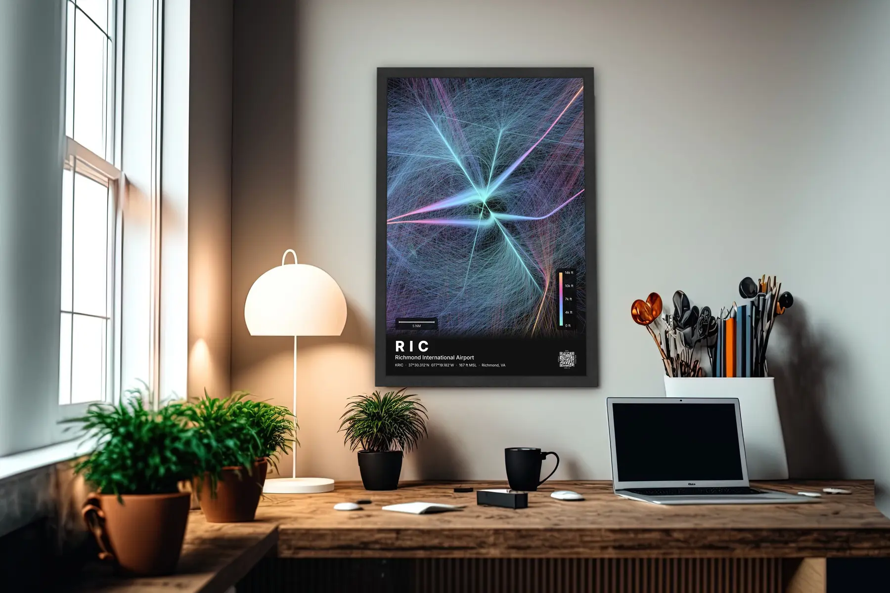 RIC flight path print — Aurora theme · Dark in office setting