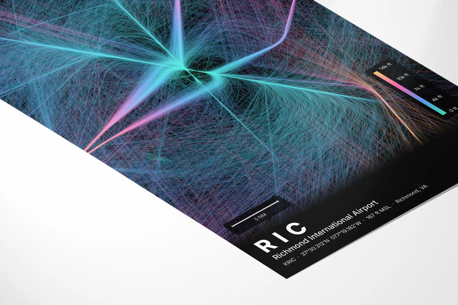 RIC flight path print — Aurora theme · Dark in corner-detail setting