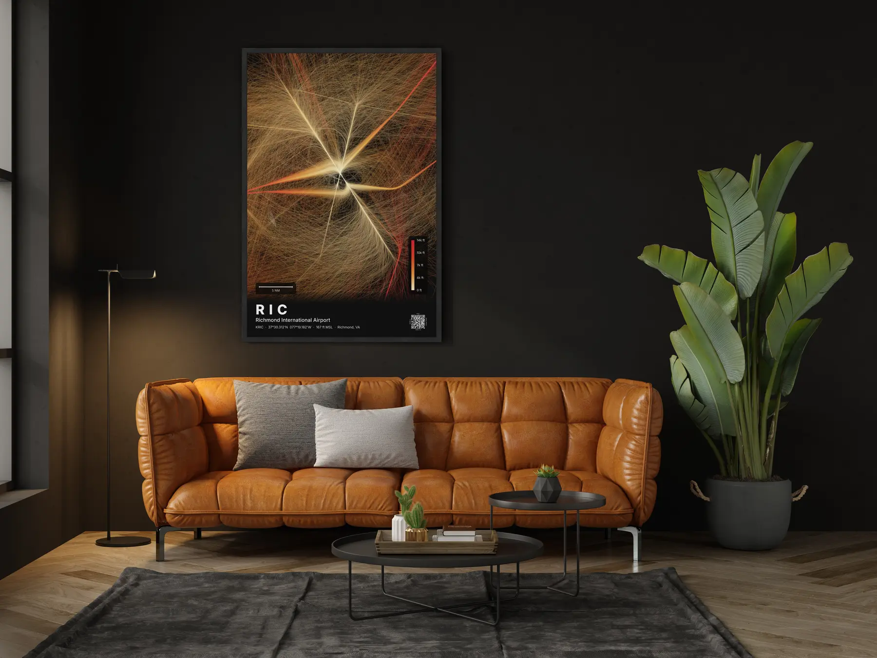 The RIC flight path map on a wall in a living room