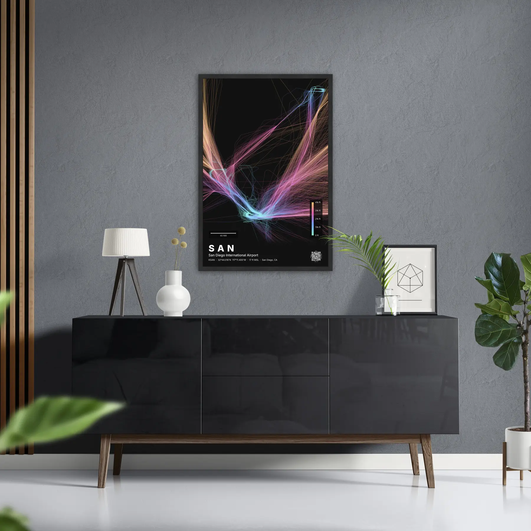 SAN flight path print — Aurora theme · Dark in foyer setting