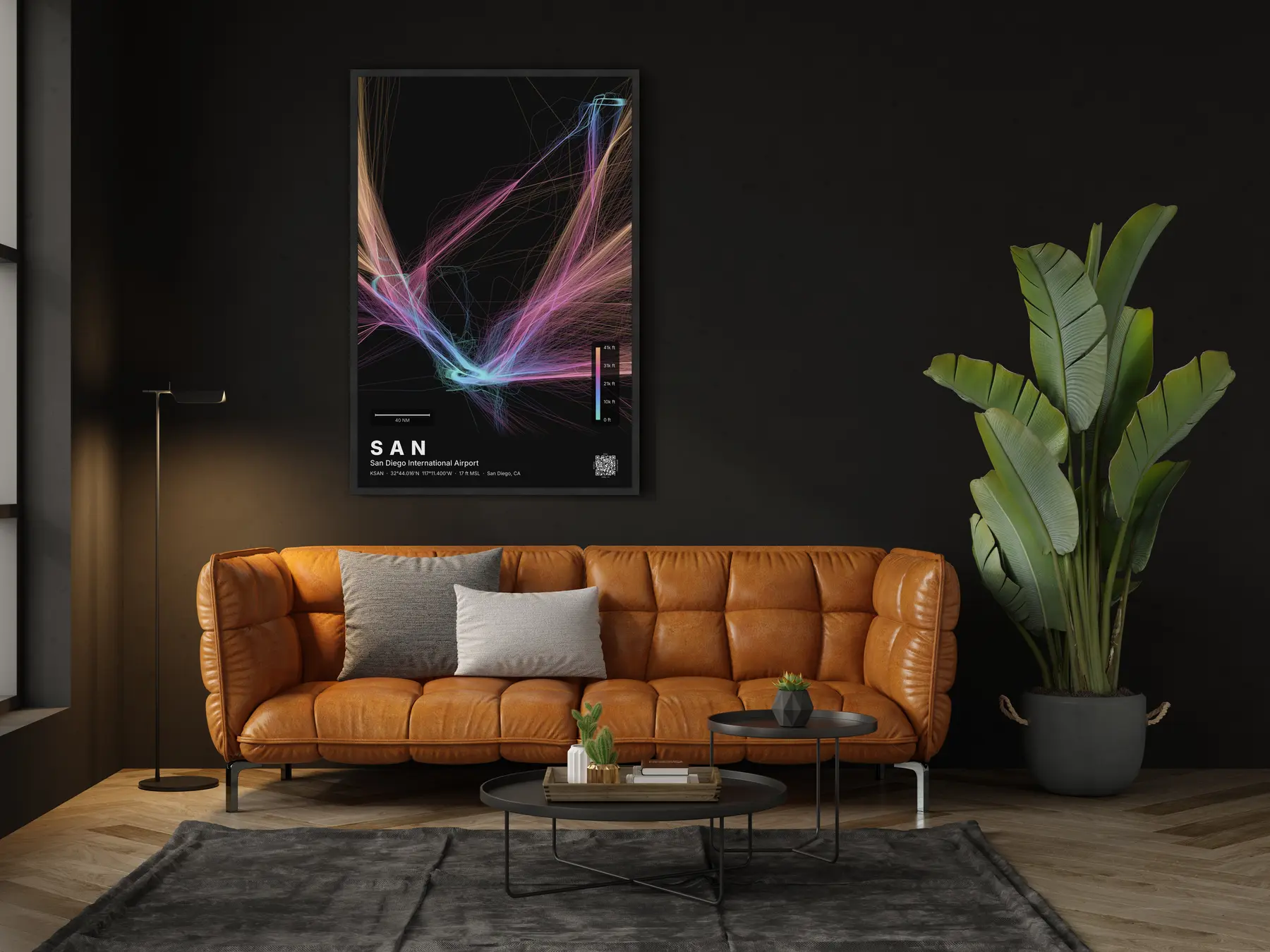 SAN flight path print — Aurora theme · Dark in living-room setting