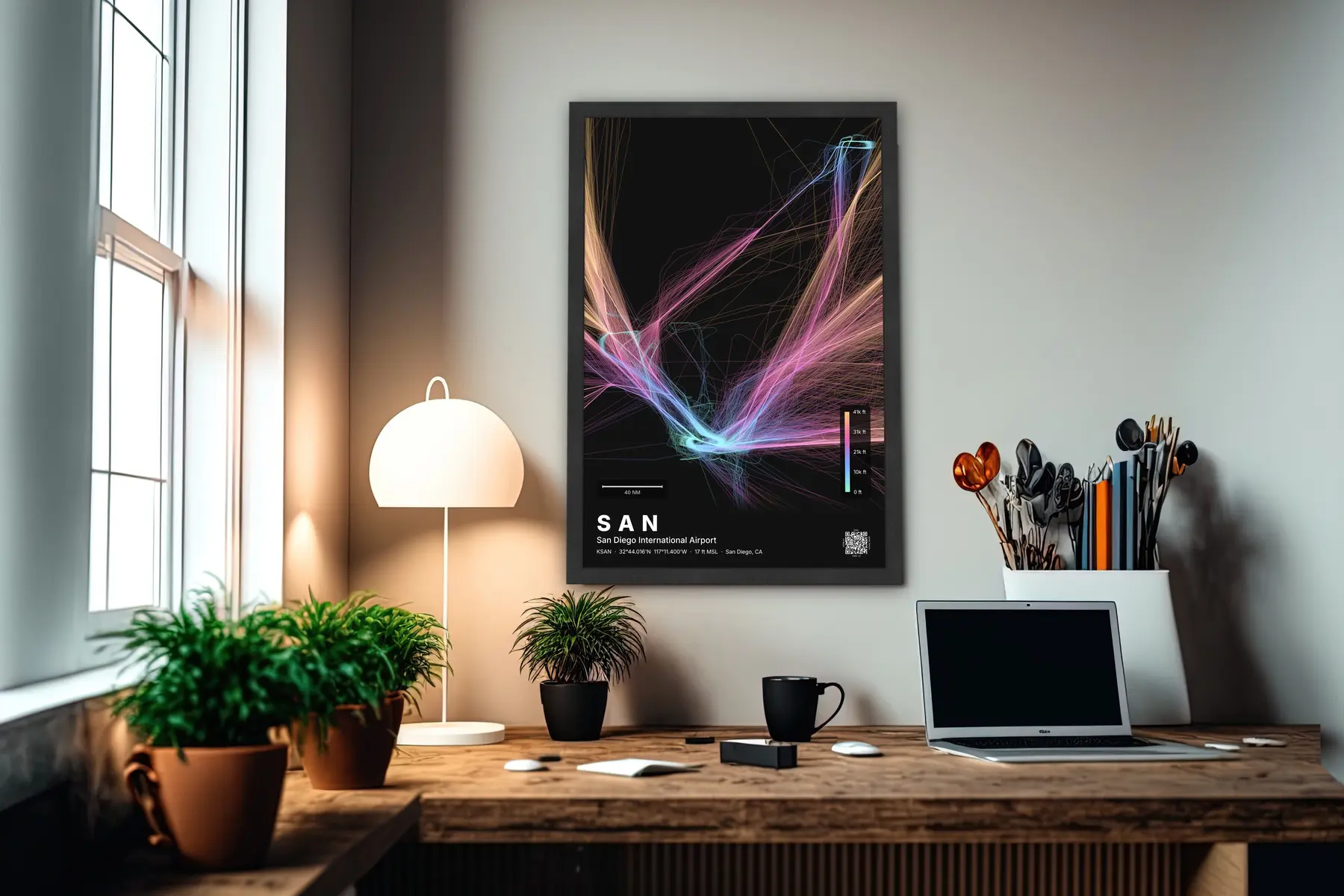 SAN flight path print — Aurora theme · Dark in office setting