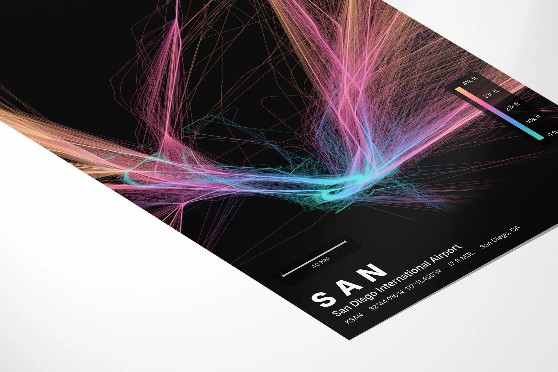 SAN flight path print — Aurora theme · Dark in corner-detail setting