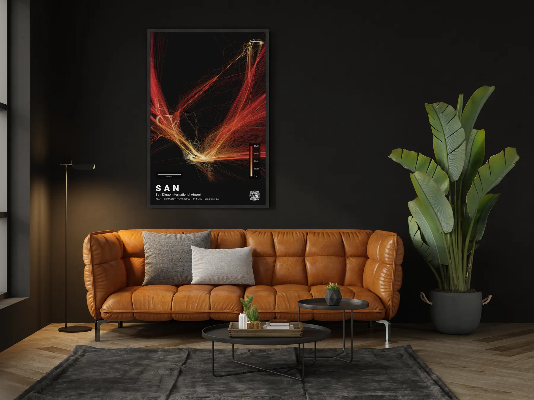 The SAN flight path map on a wall in a living room
