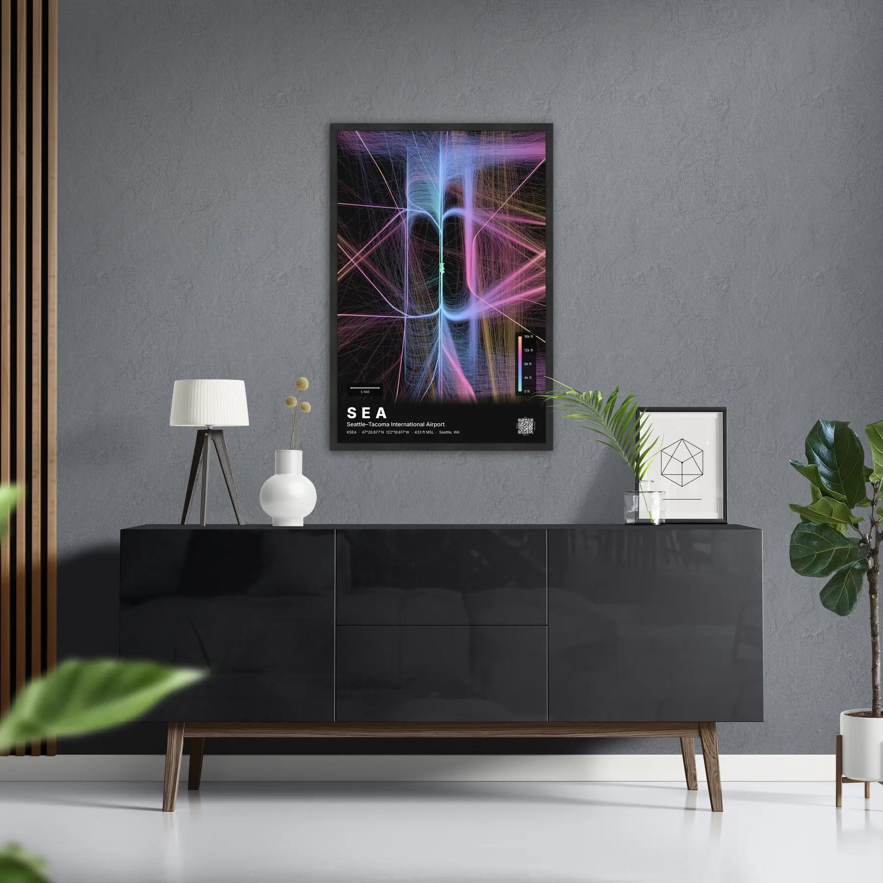 SEA flight path map — Aurora theme · Dark in foyer setting