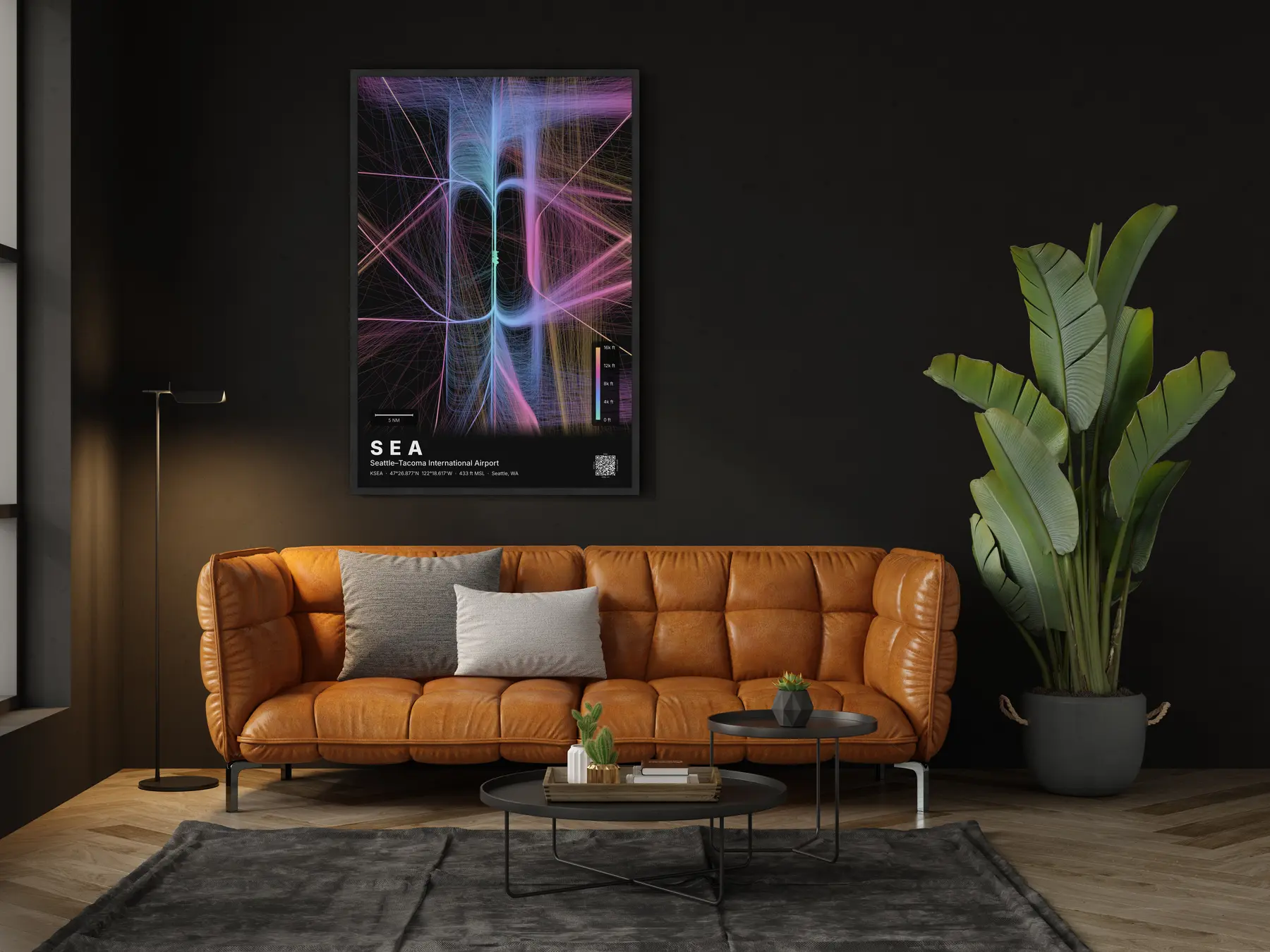 SEA flight path map — Aurora theme · Dark in living-room setting