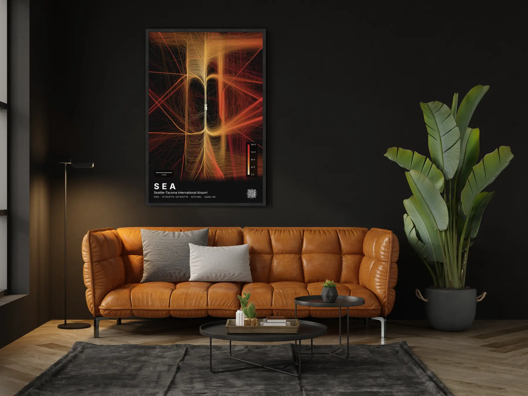 The SEA flight path map on a wall in a living room