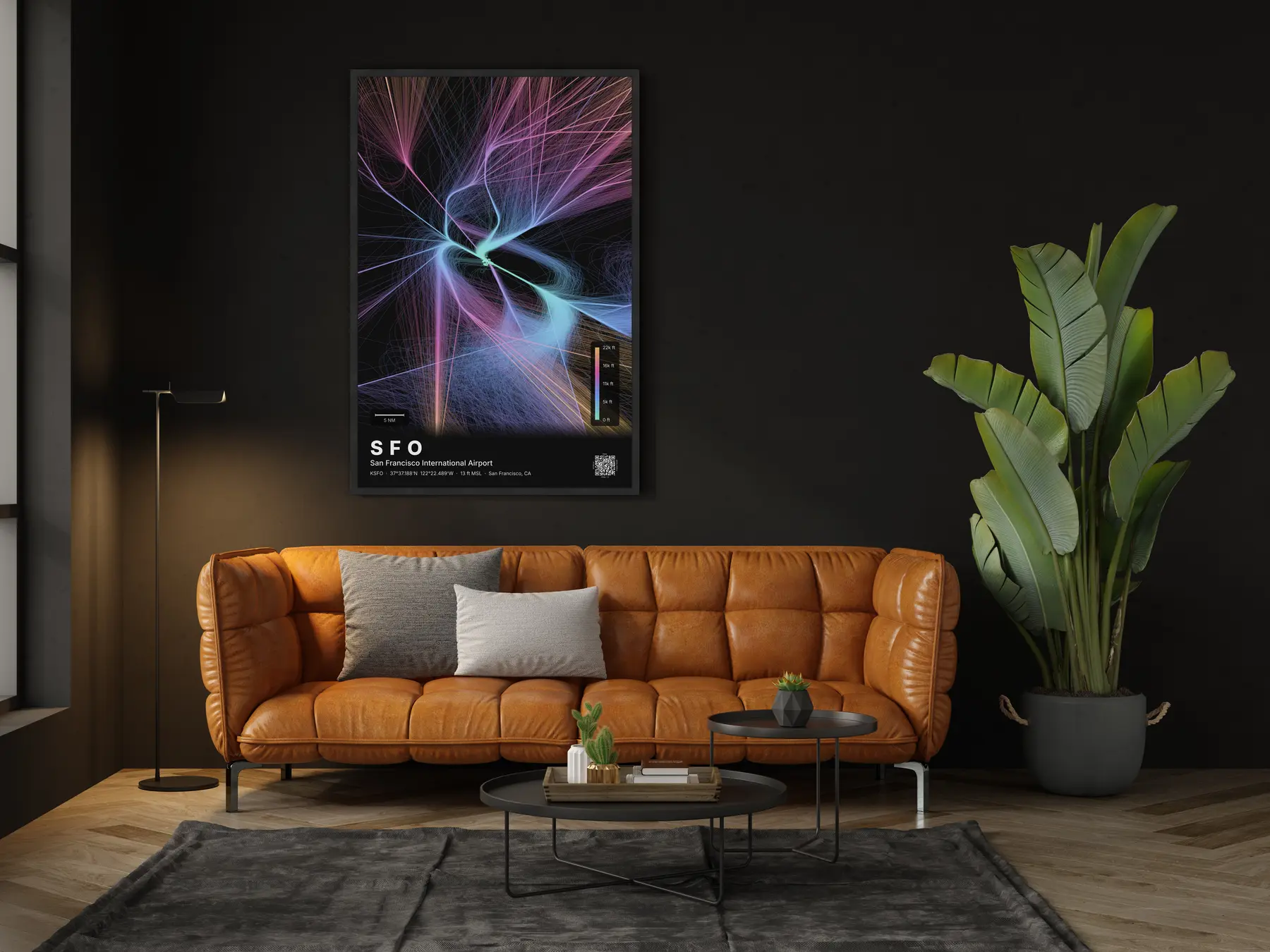 SFO flight path map — Aurora theme · Dark in living-room setting