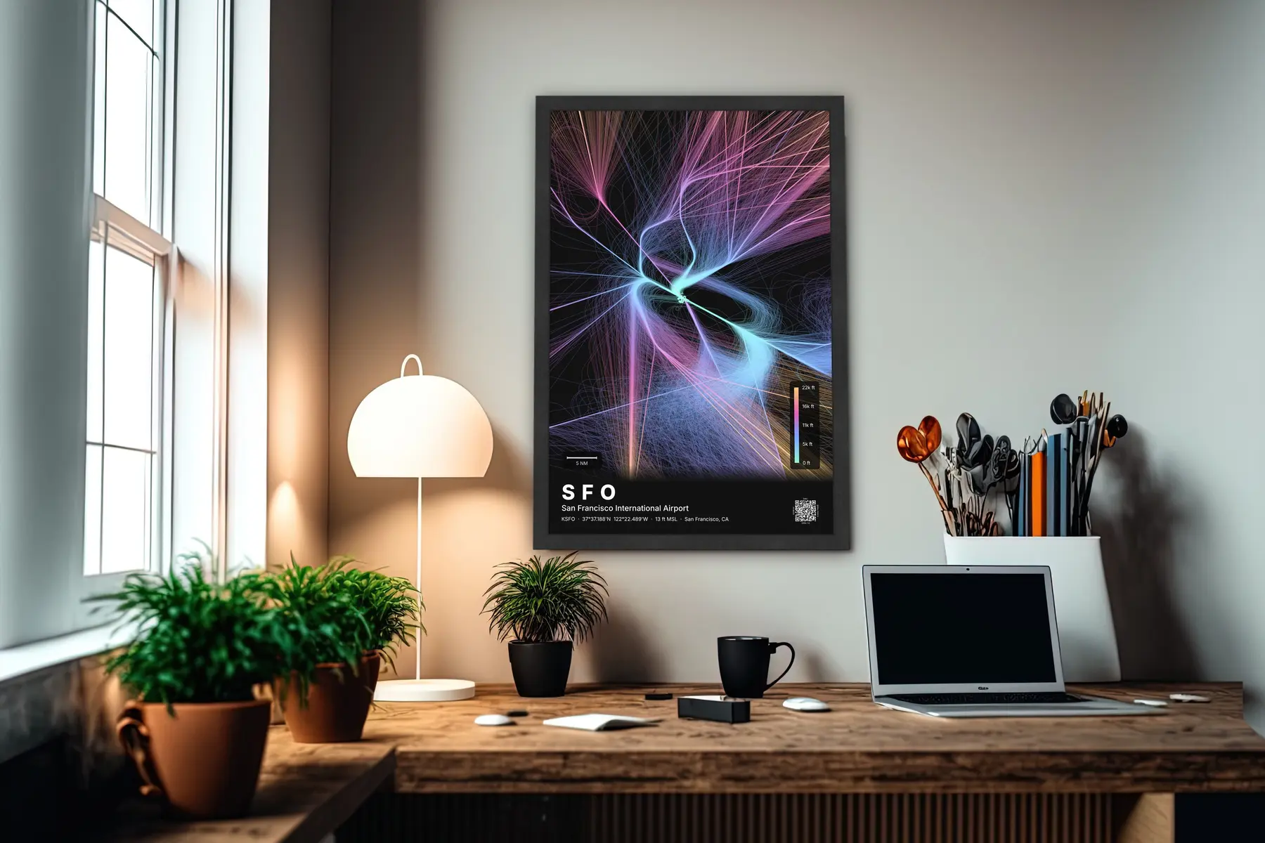 SFO flight path map — Aurora theme · Dark in office setting