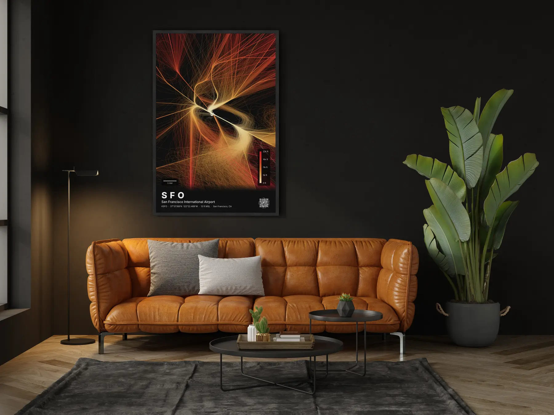The SFO flight path map on a wall in a living room